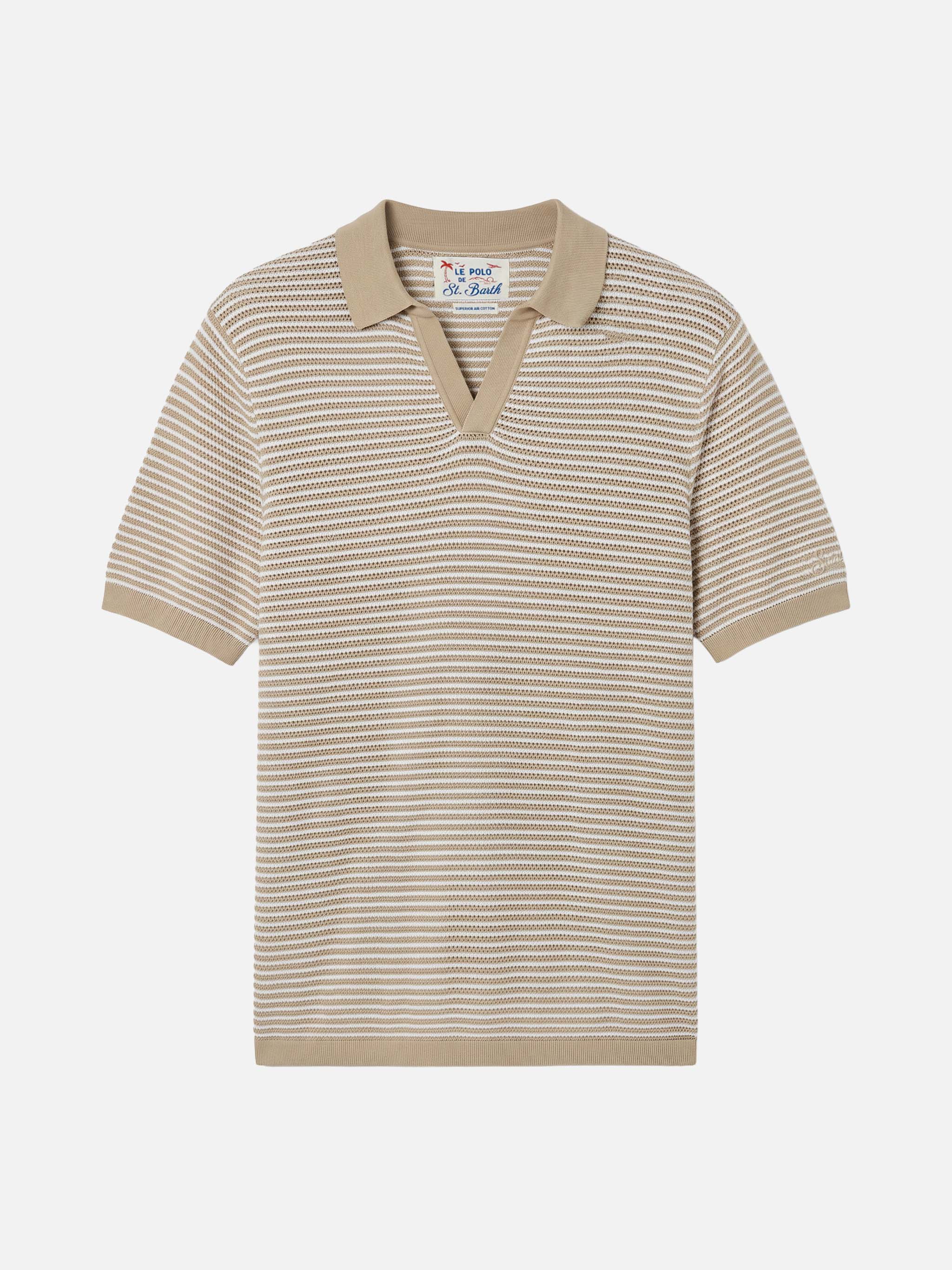 Sloan striped polo in premium high-twist cotton with beige stripes - Image 4