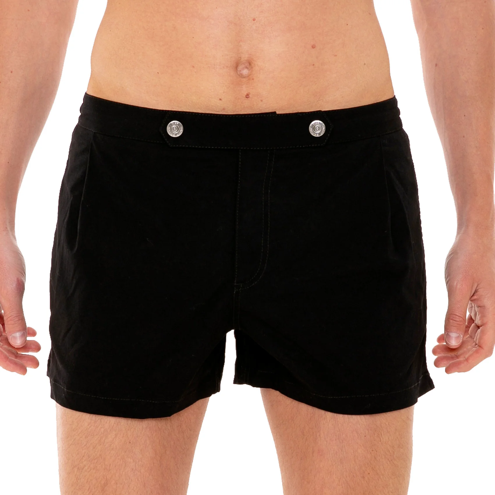 Solid black swim shorts with button front fastening - Image 2