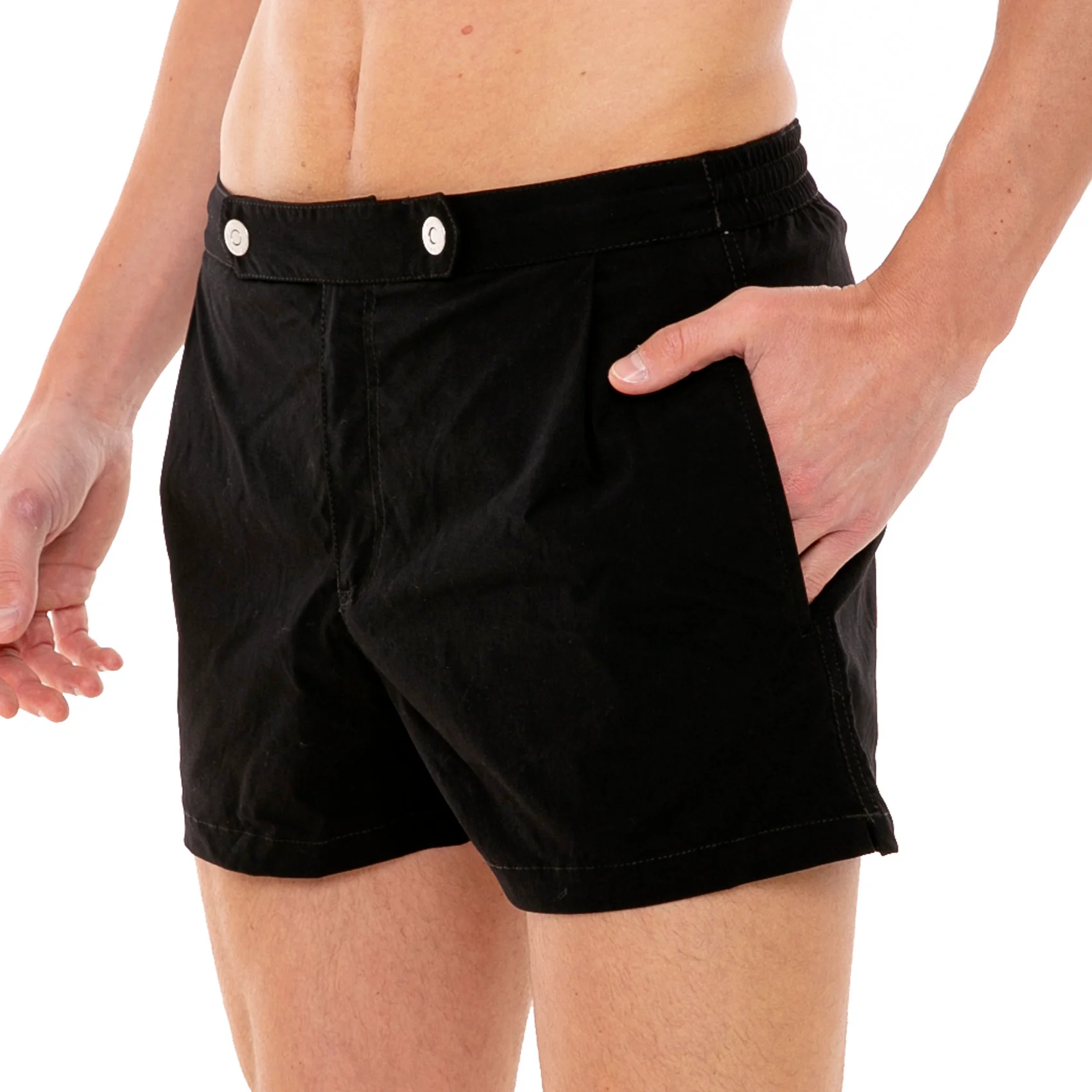 Solid black swim shorts with button front fastening - Image 3