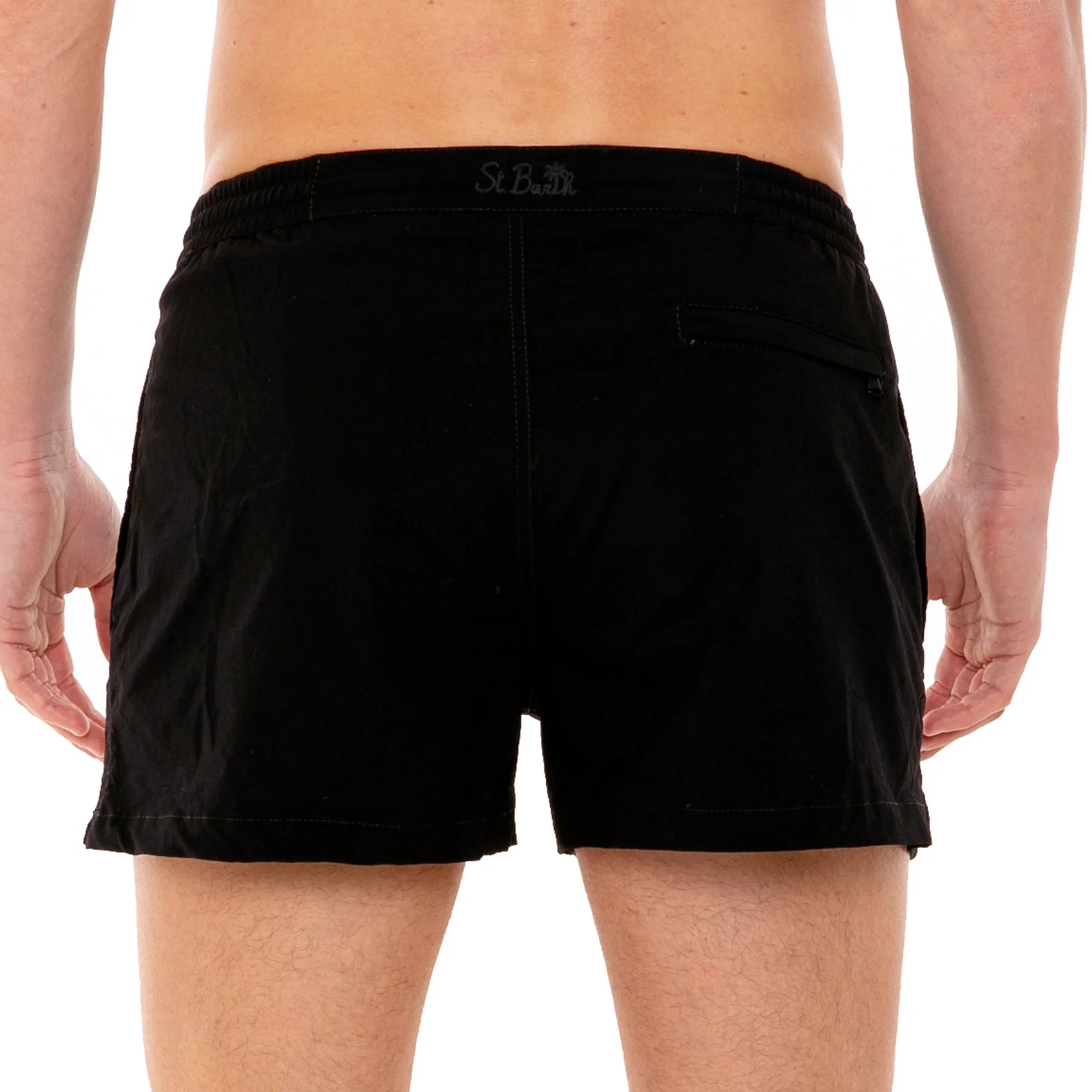 Solid black swim shorts with button front fastening - Image 4