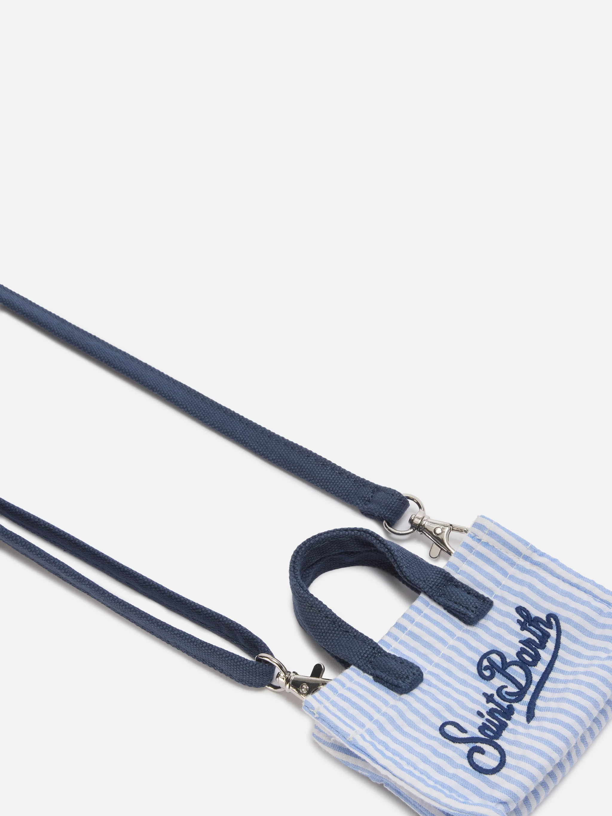 Striped cotton mini bag–shaped keychain with printed logo - Image 2