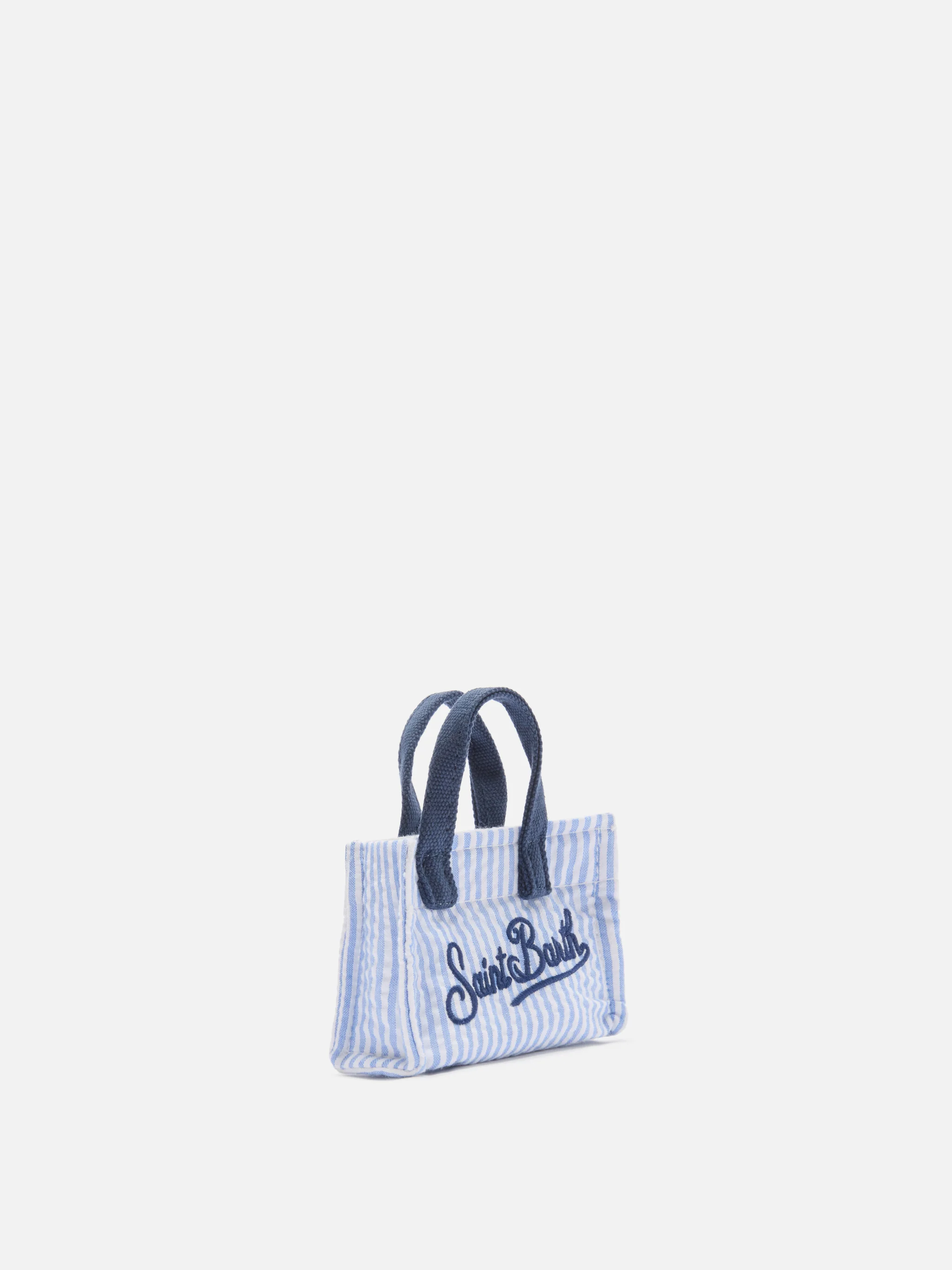 Striped cotton mini bag–shaped keychain with printed logo - Image 3