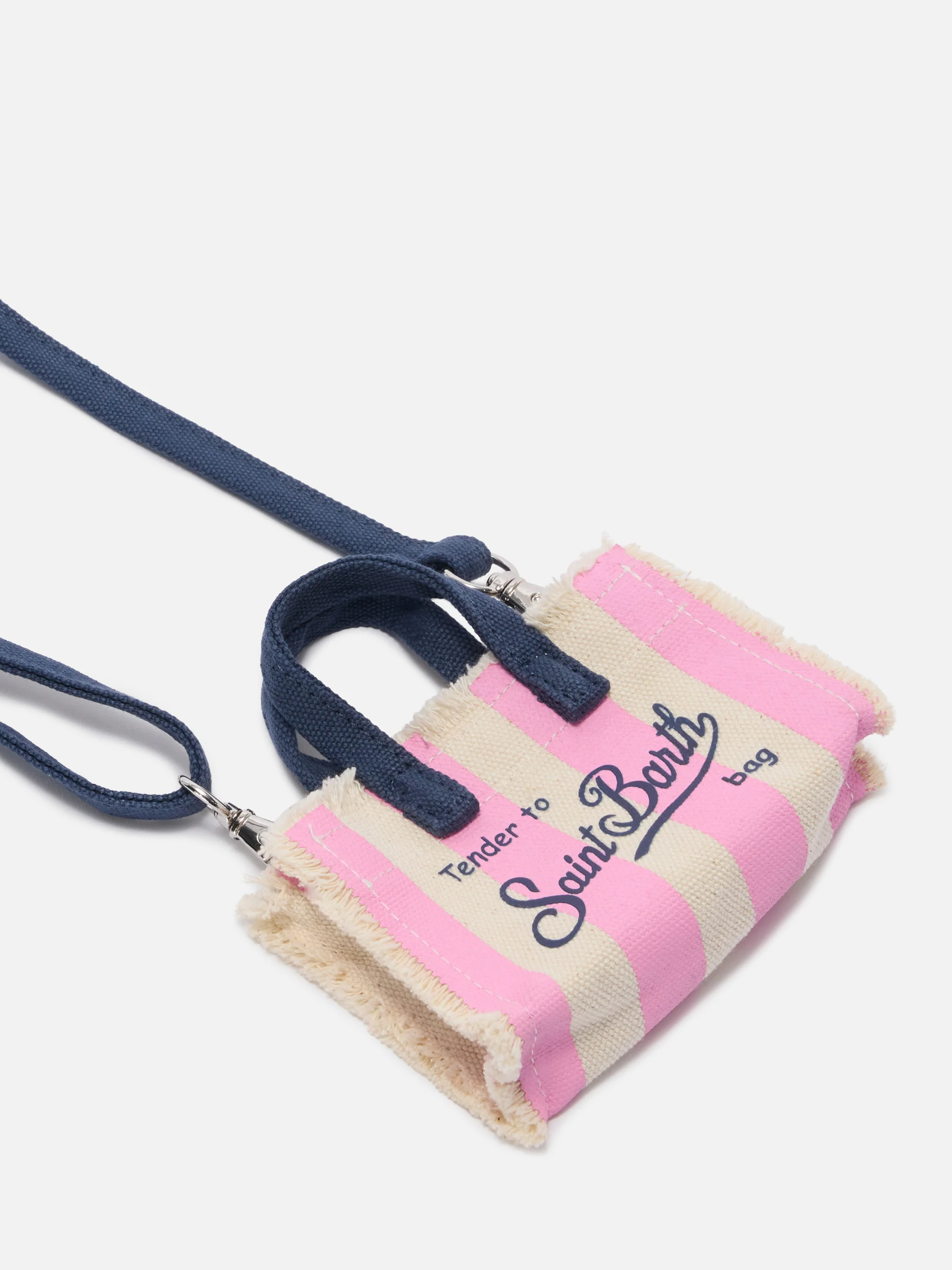 Striped fabric mini bag–shaped keychain with embroidered logo - Image 3