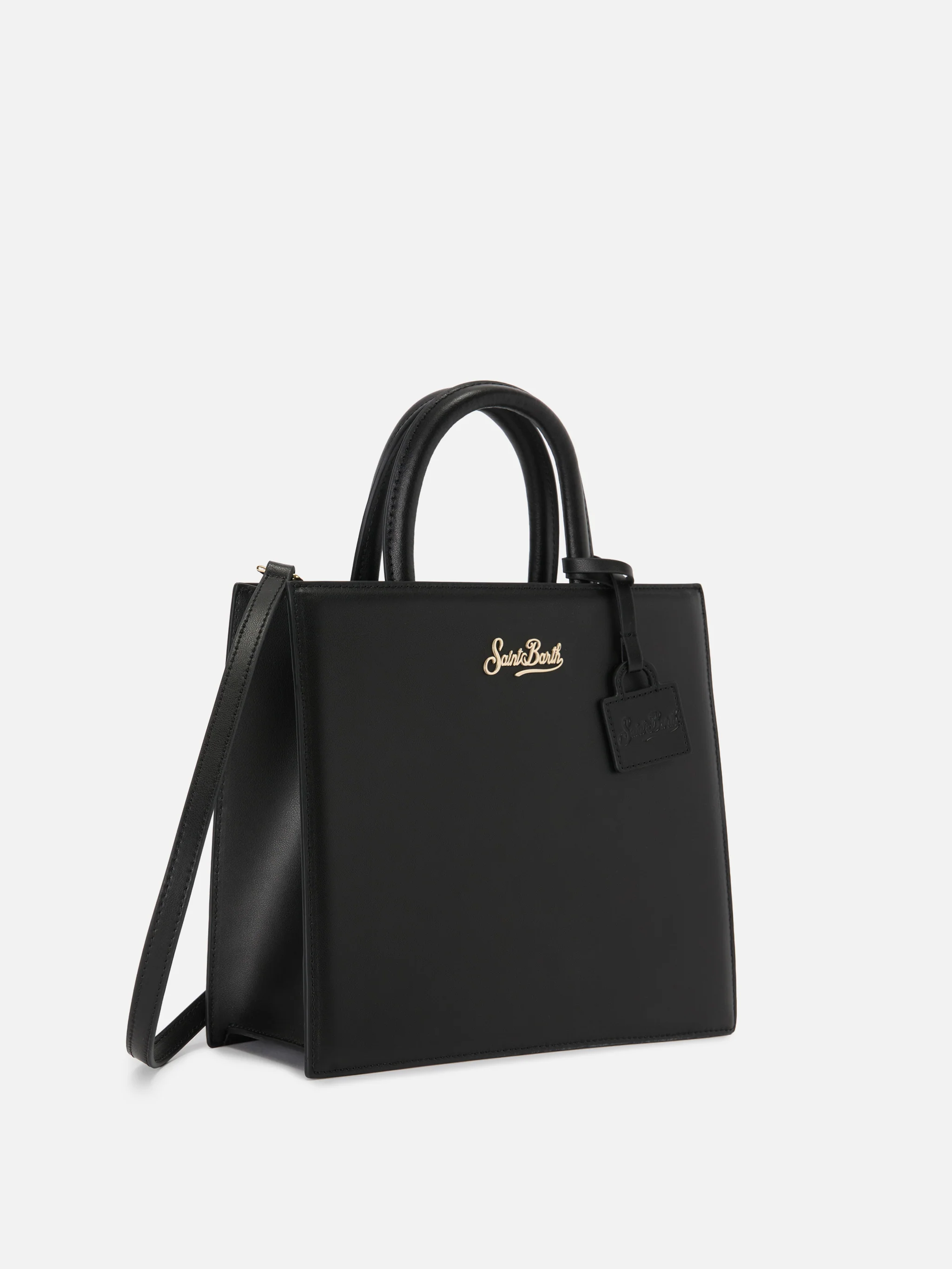 Structured Shop Midi bag in black smooth leather with metal tag - Image 2