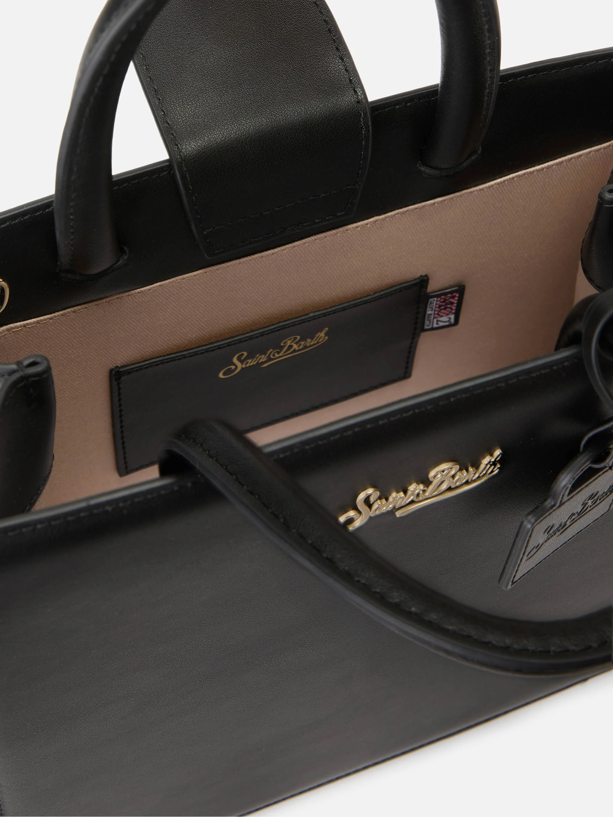 Structured Shop Midi bag in black smooth leather with metal tag - Image 4