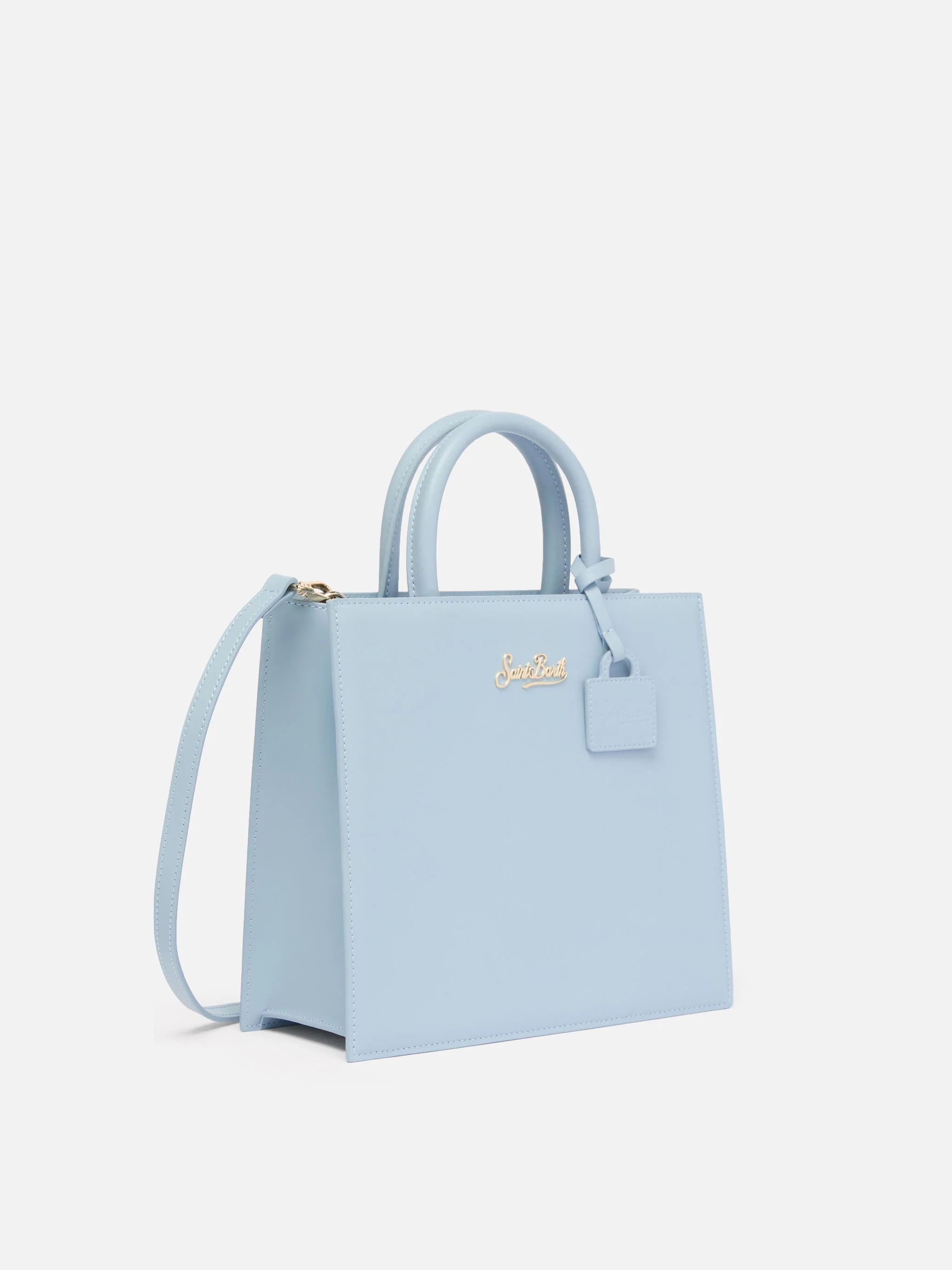 Structured Shop Midi bag in light blue smooth leather with metal tag - Image 3