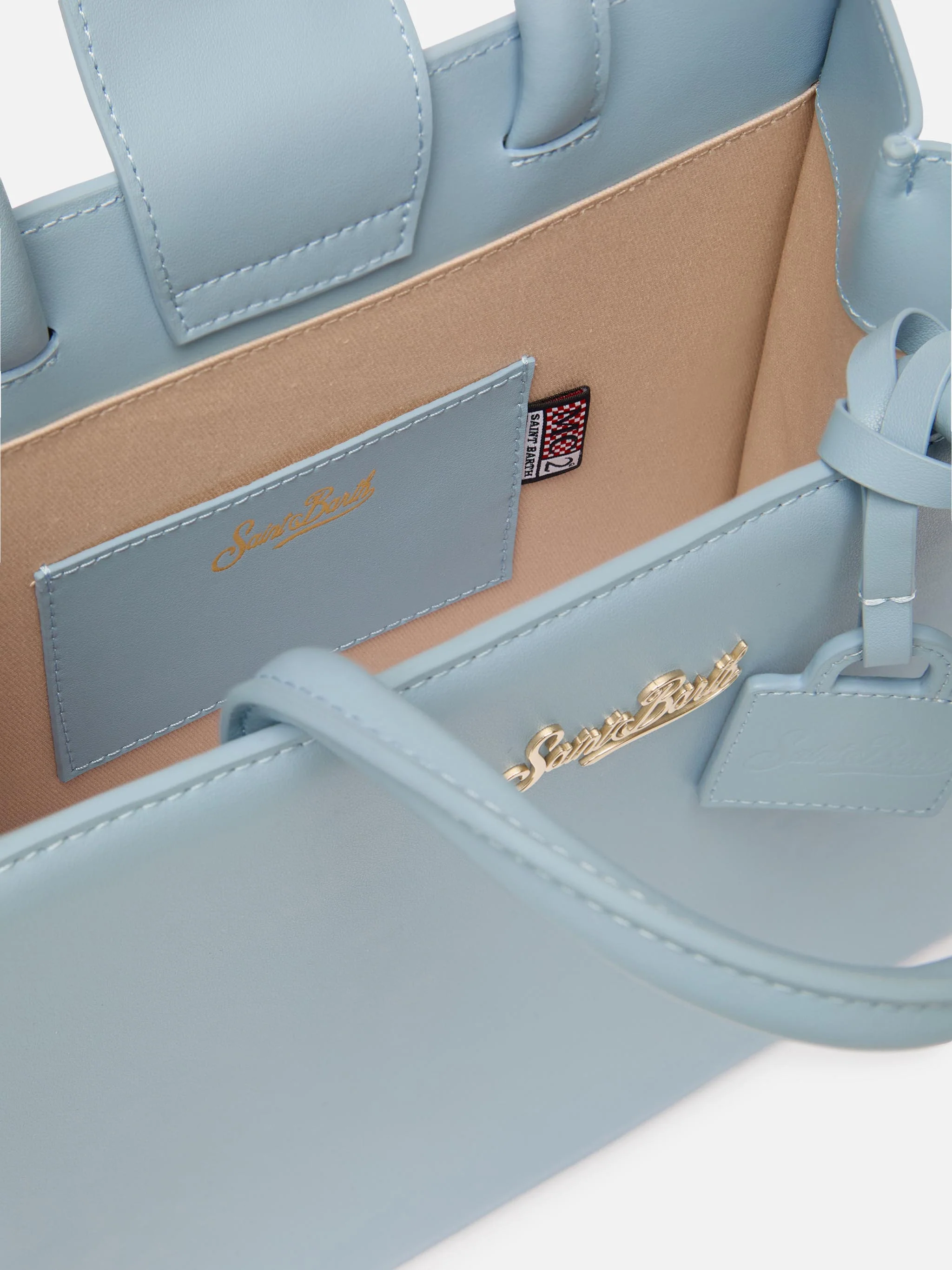 Structured Shop Midi bag in light blue smooth leather with metal tag - Image 5