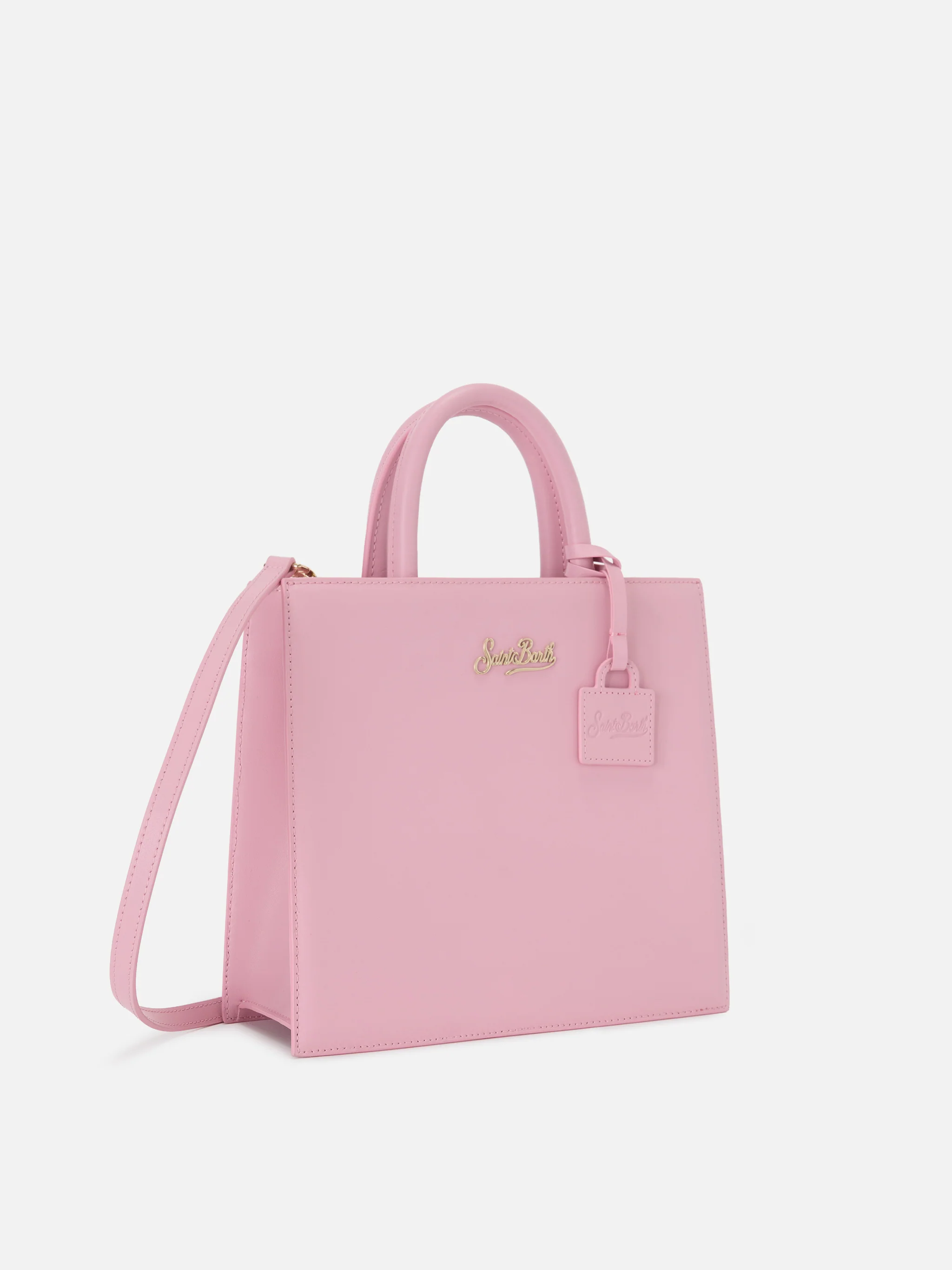 Structured Shop Midi bag in pink smooth leather with metal tag - Image 2