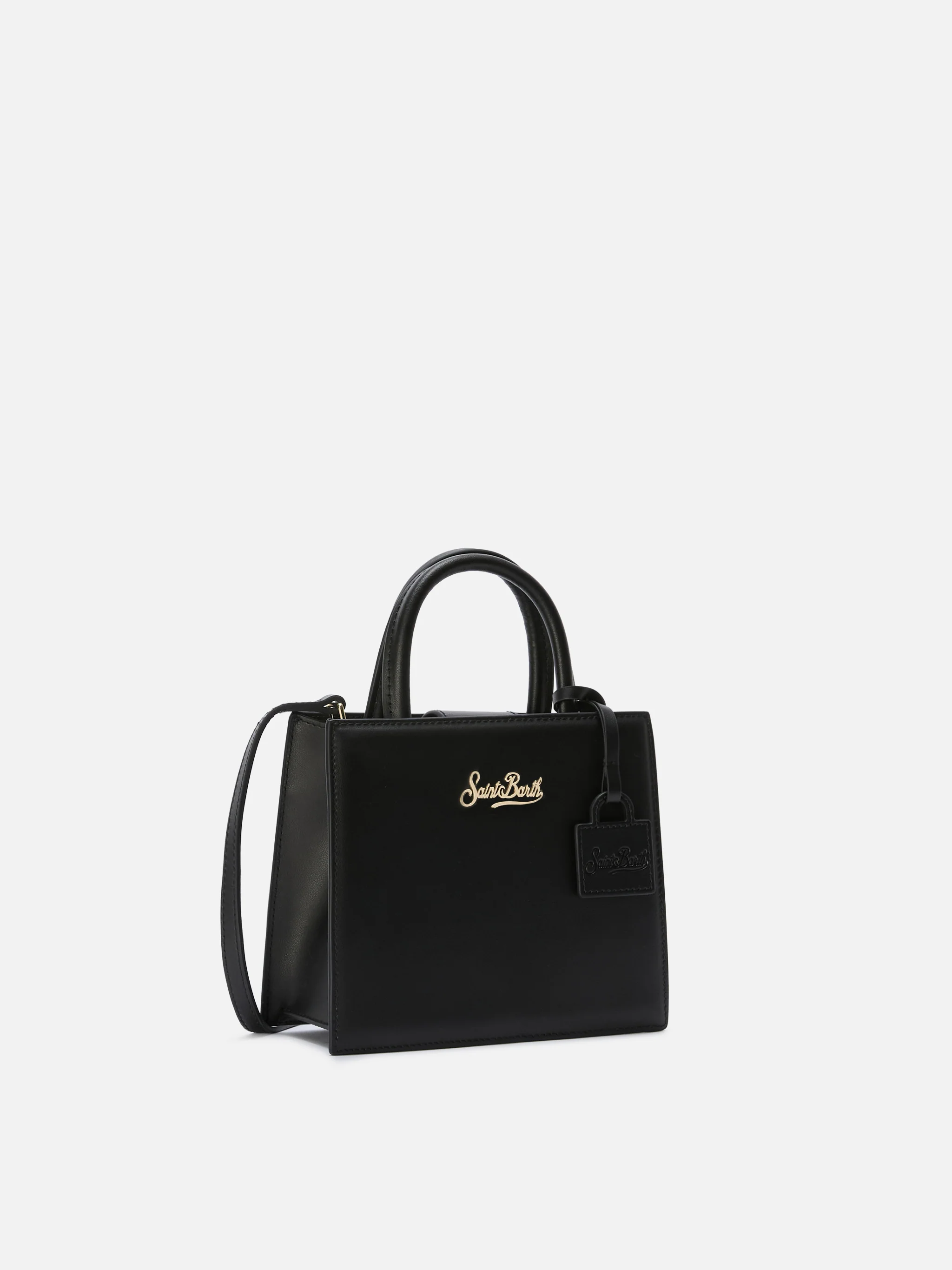 Structured Shop mini bag in black smooth leather with metal tag - Image 2