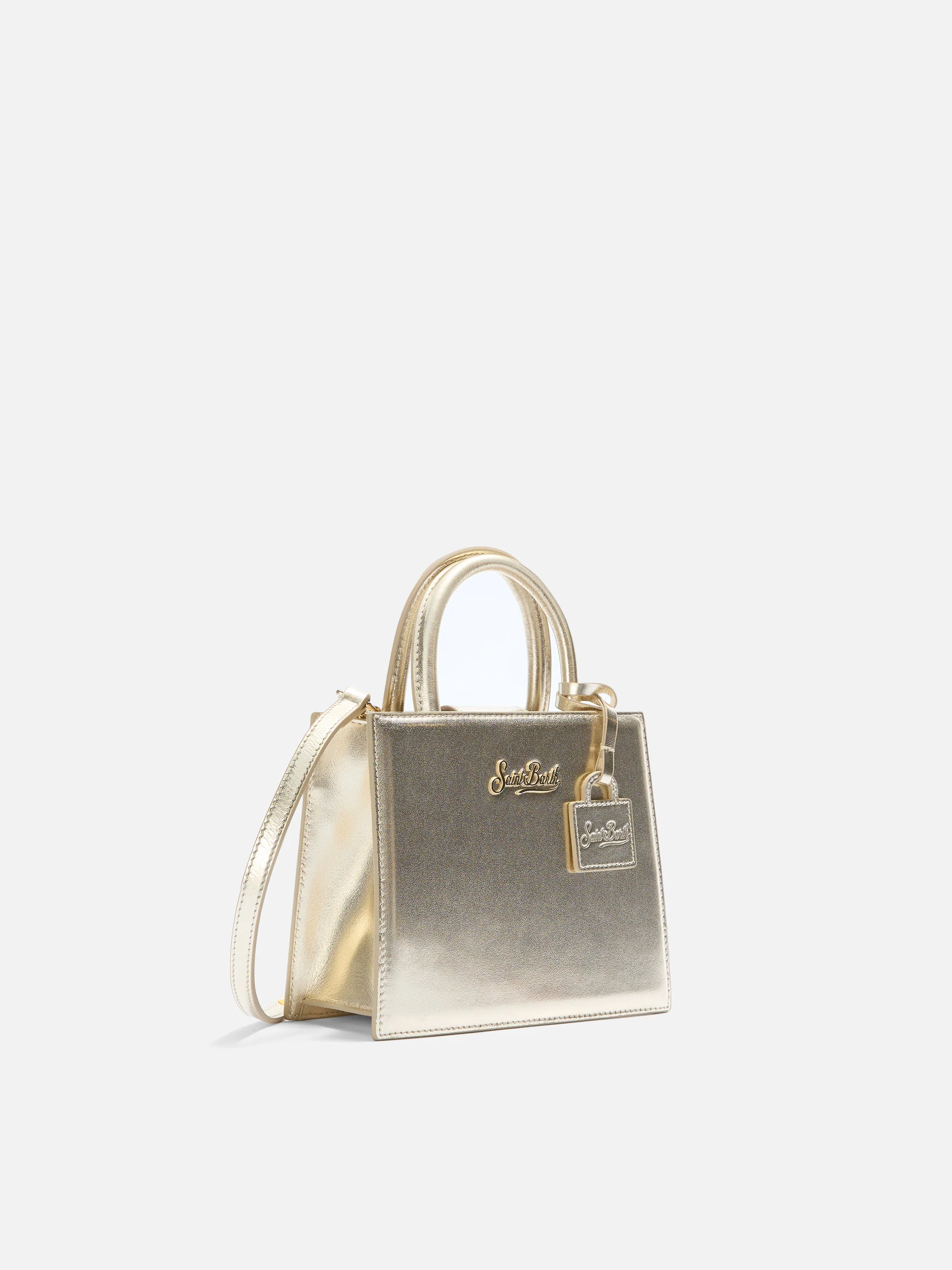 Structured Shop Mini bag in gold laminated leather with metal tag - Image 3