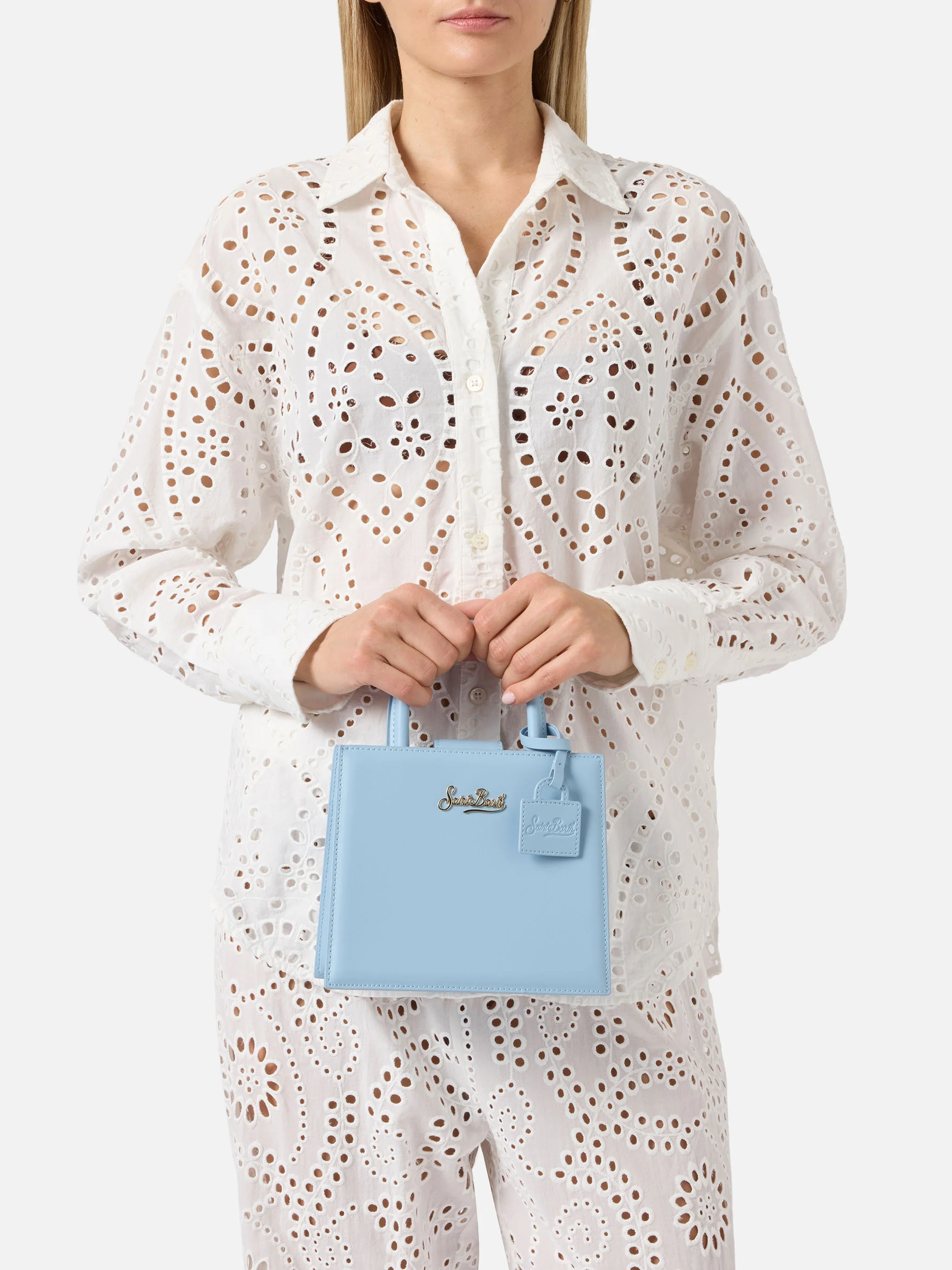Structured Shop mini bag in light blue smooth leather with metal tag - Image 2