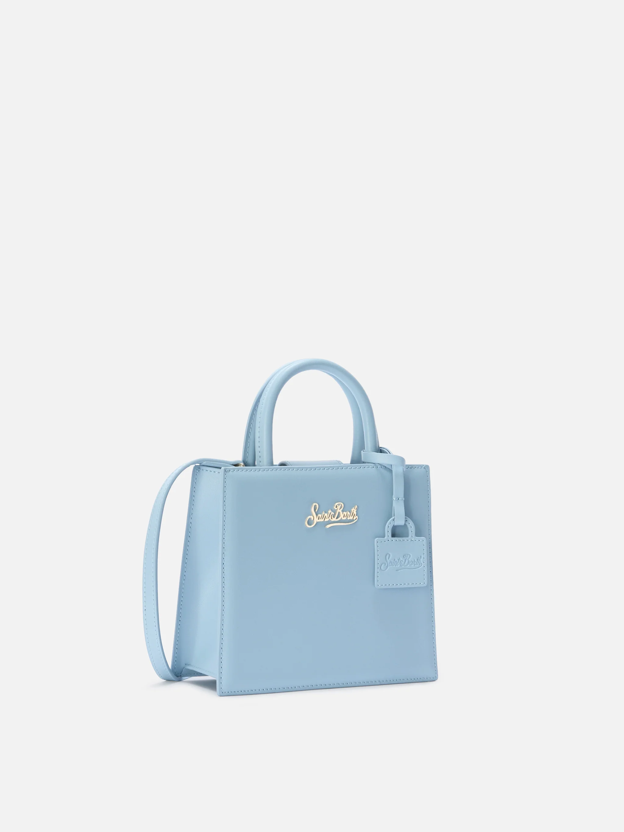 Structured Shop mini bag in light blue smooth leather with metal tag - Image 3
