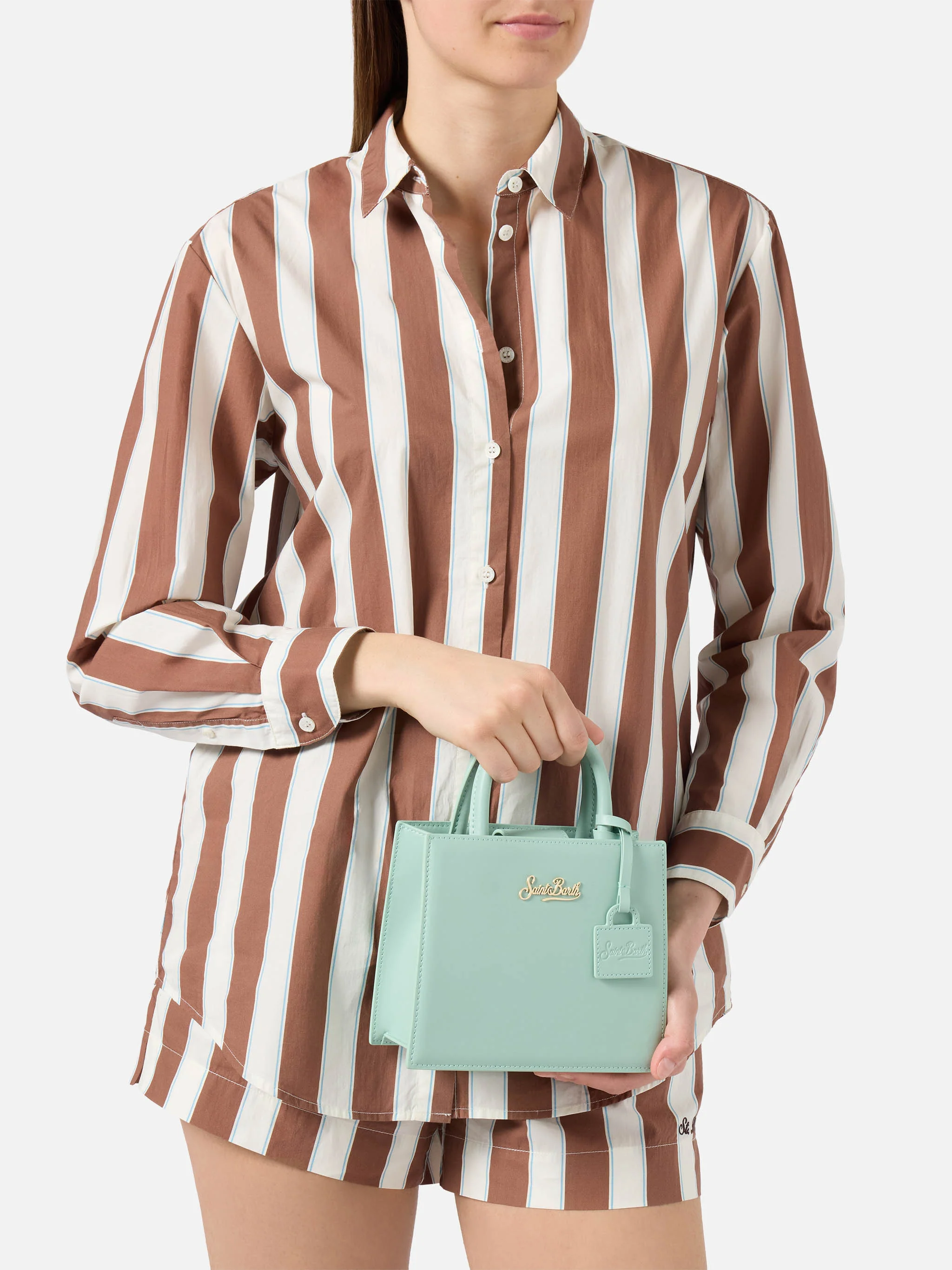 Structured Shop mini bag in mint green smooth leather with metal tag - Image 2