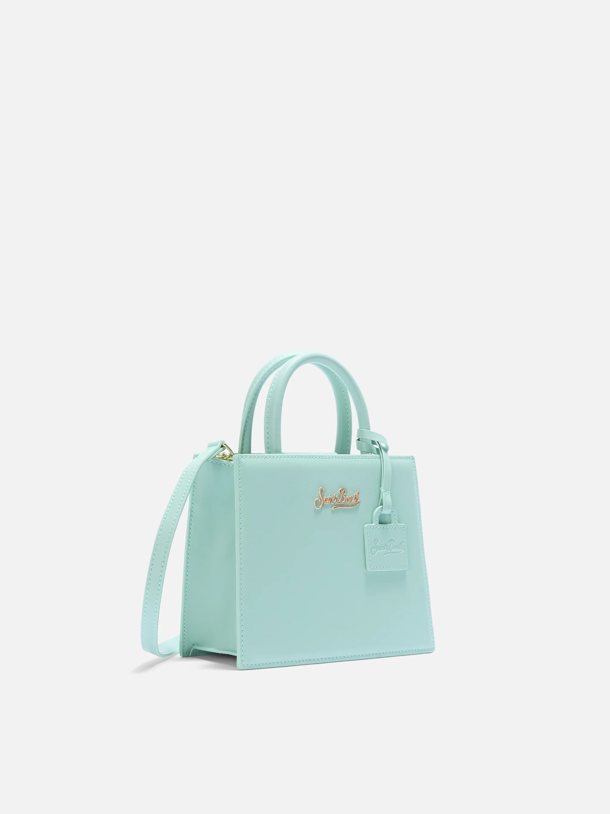 Structured Shop mini bag in mint green smooth leather with metal tag - Image 3