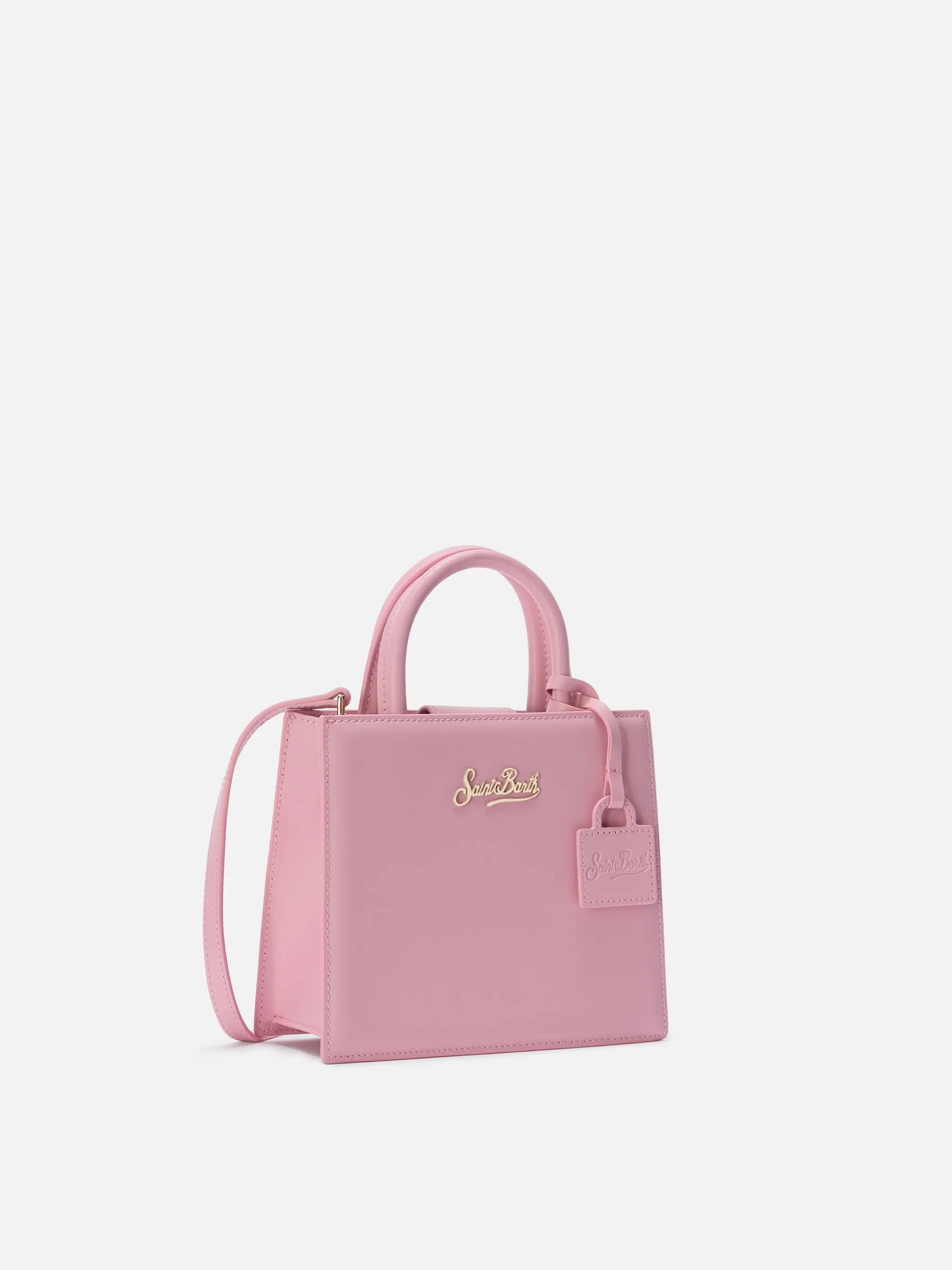Structured Shop mini bag in pink smooth leather with metal tag - Image 3
