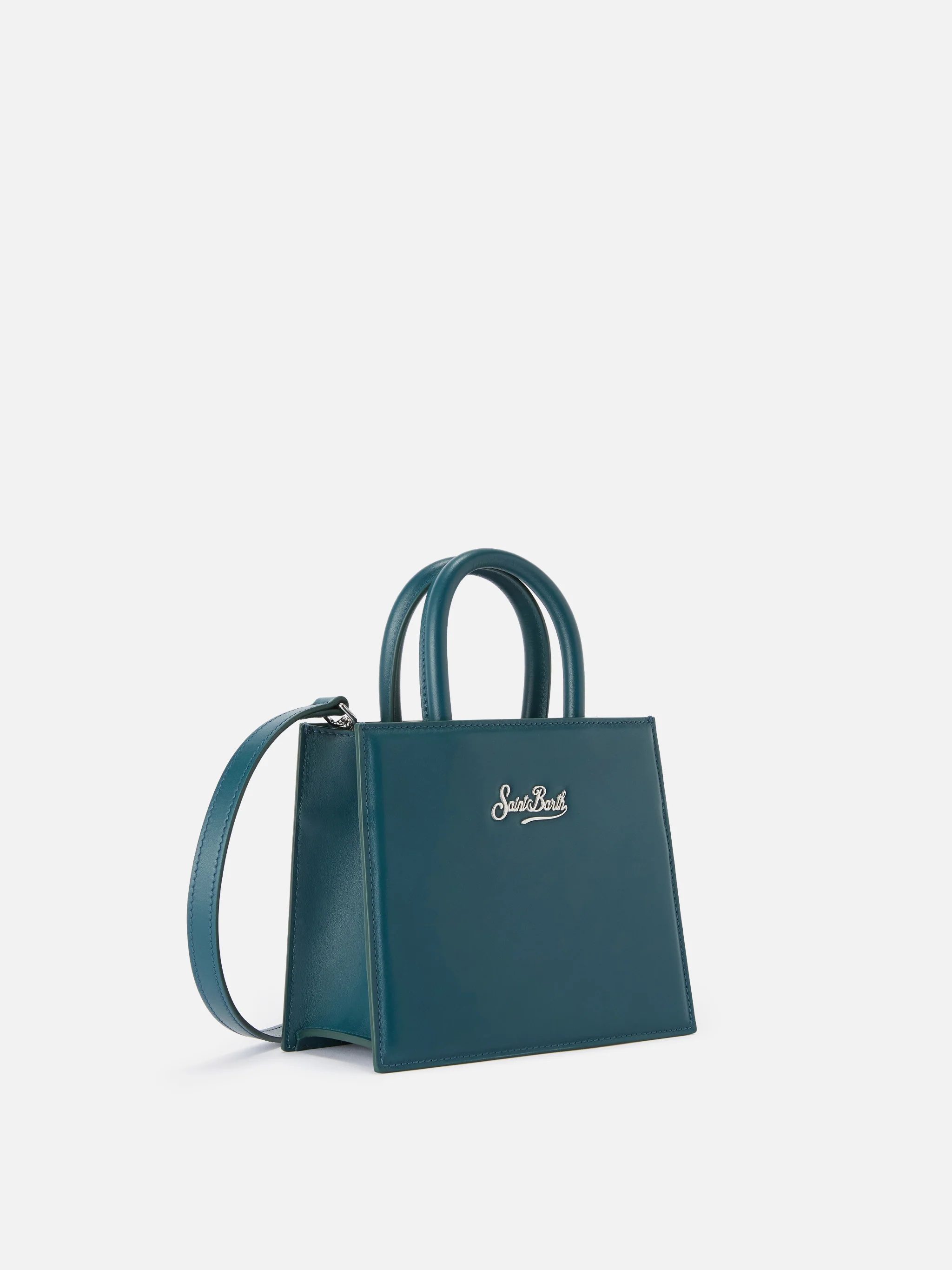 Structured Shop mini bag in teal green smooth leather with metal tag - Image 2