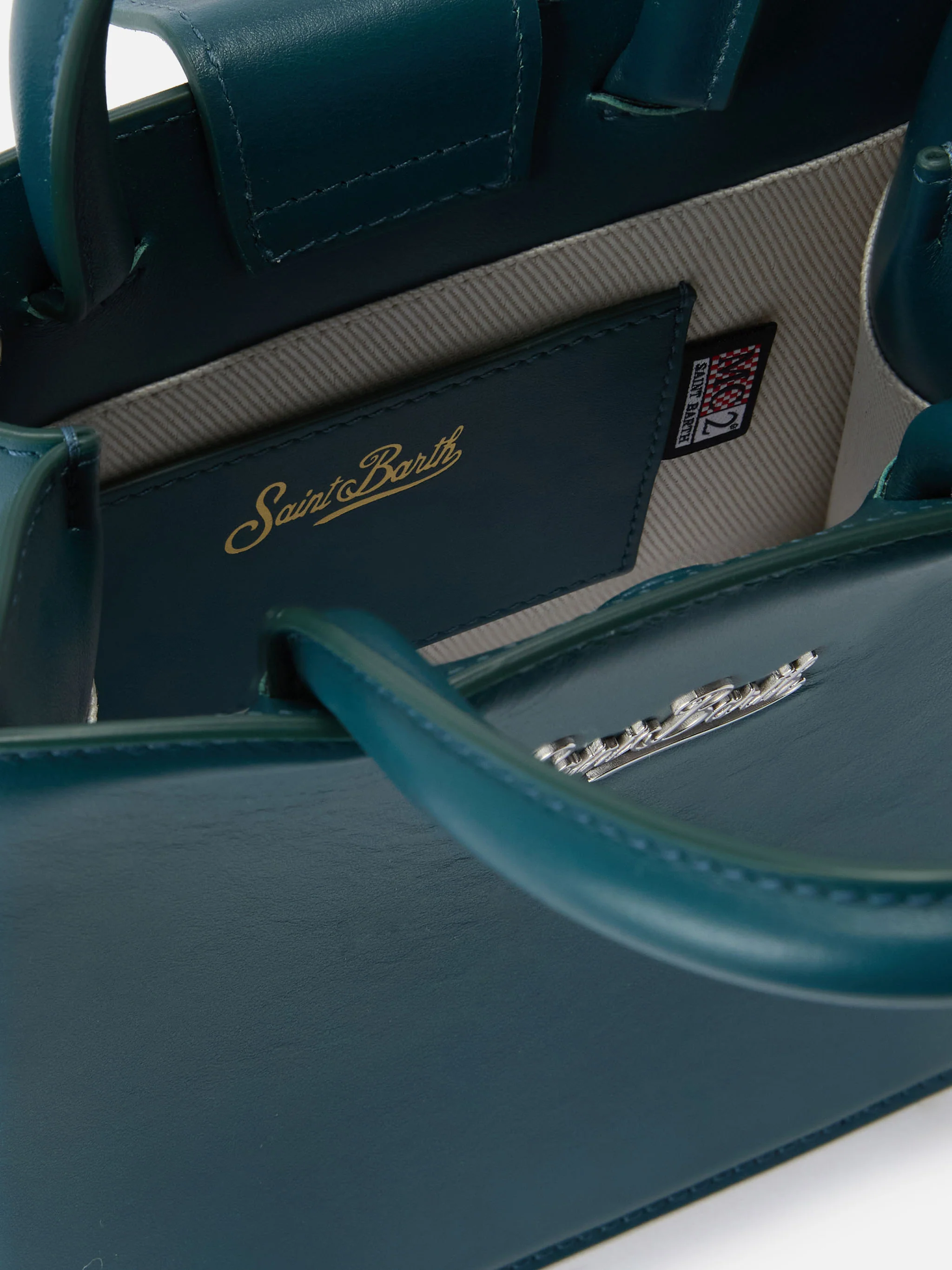 Structured Shop mini bag in teal green smooth leather with metal tag - Image 4