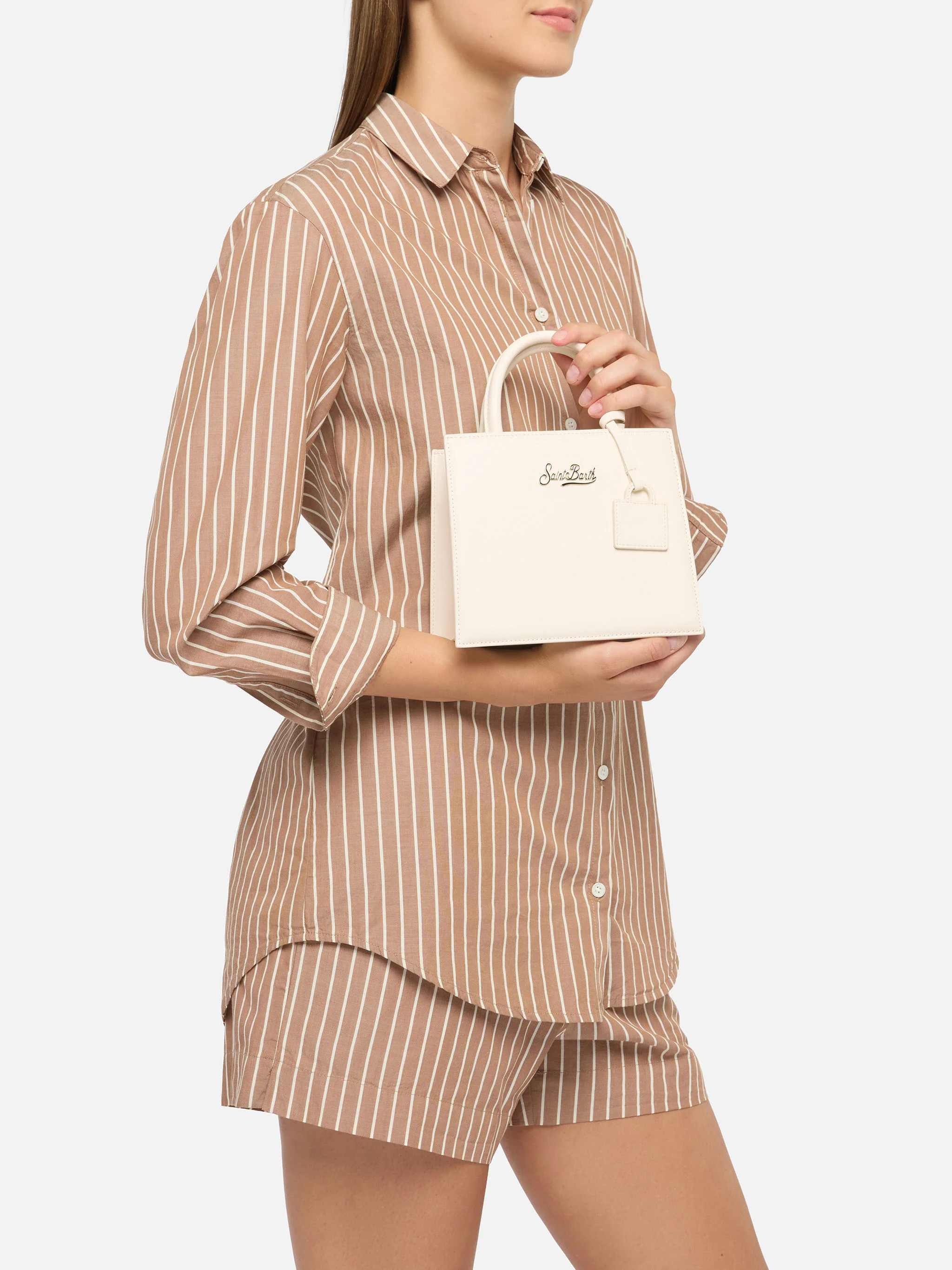 Structured Shop mini bag in white smooth leather with metal tag - Image 2