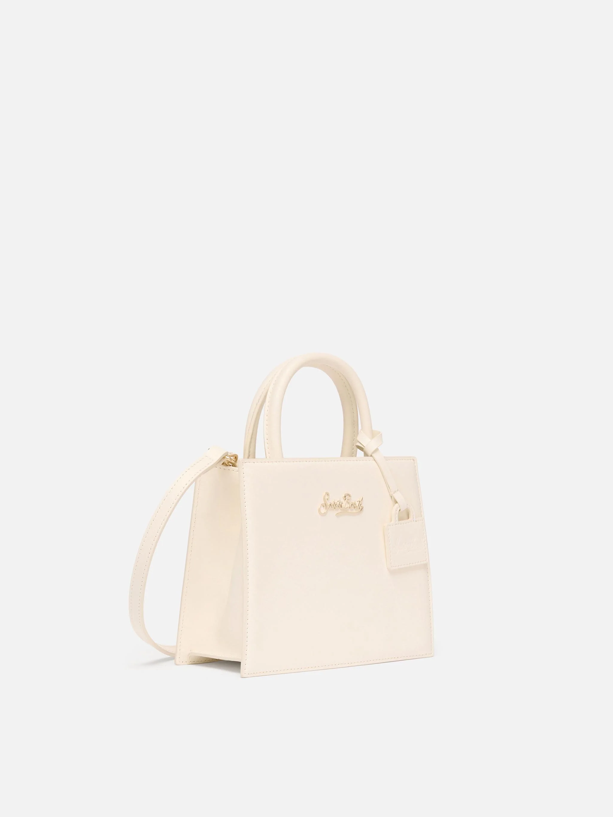 Structured Shop mini bag in white smooth leather with metal tag - Image 3