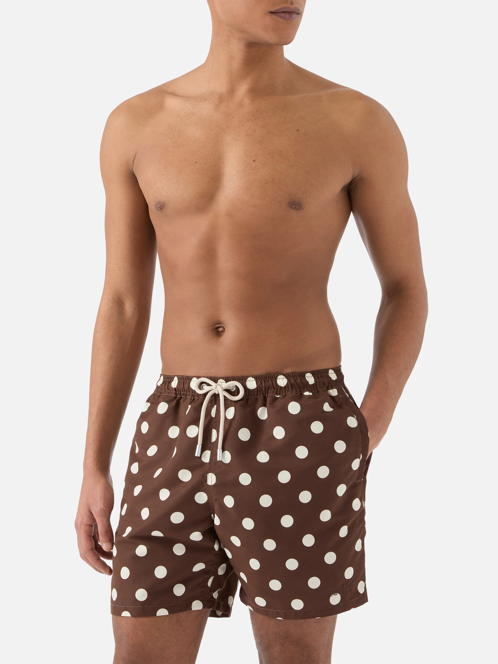 Syros swim shorts in brown with polka dot embroidery - Image 3