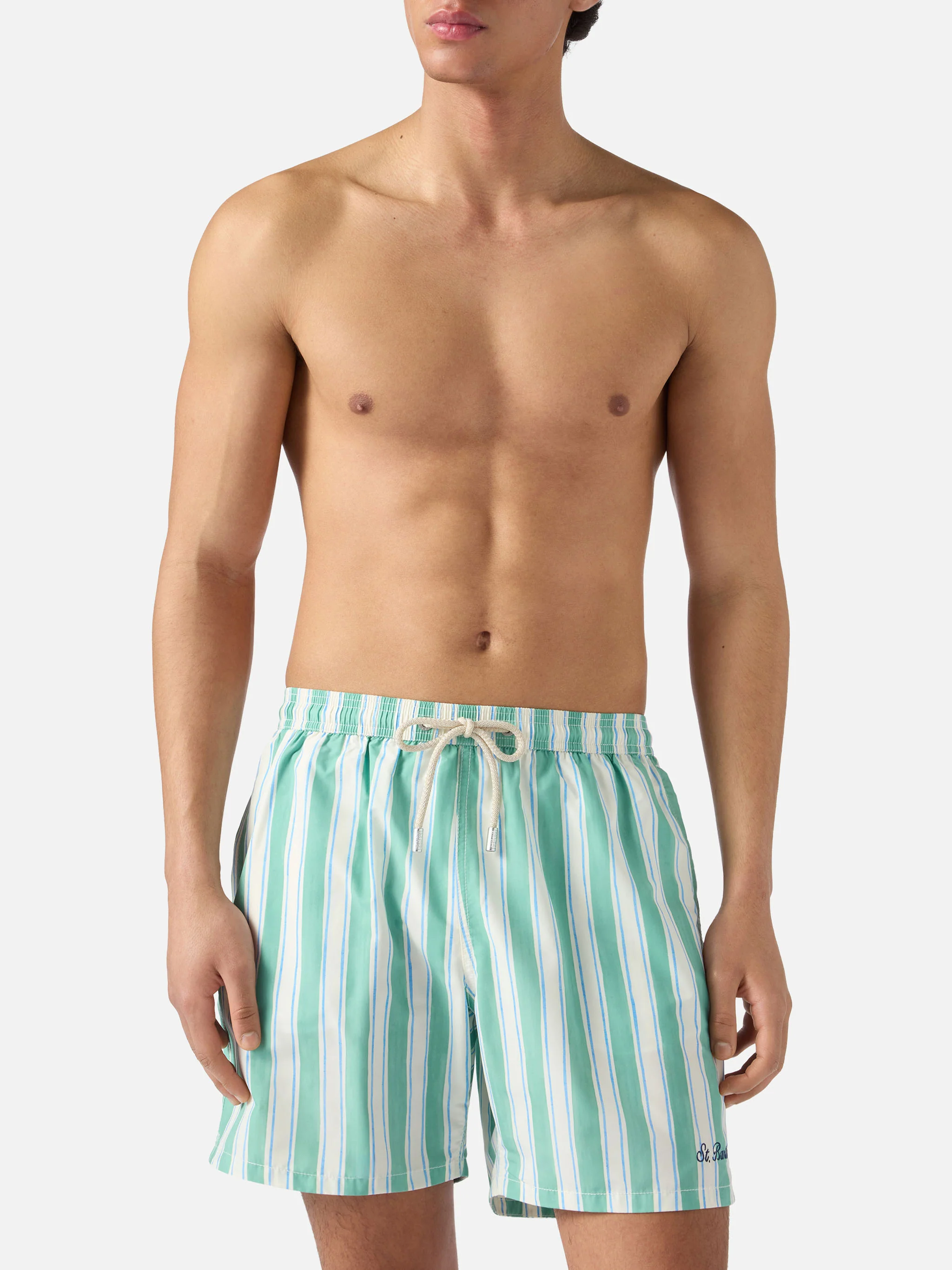 Syros swim shorts with green striped pattern and logo embroidery - Image 3
