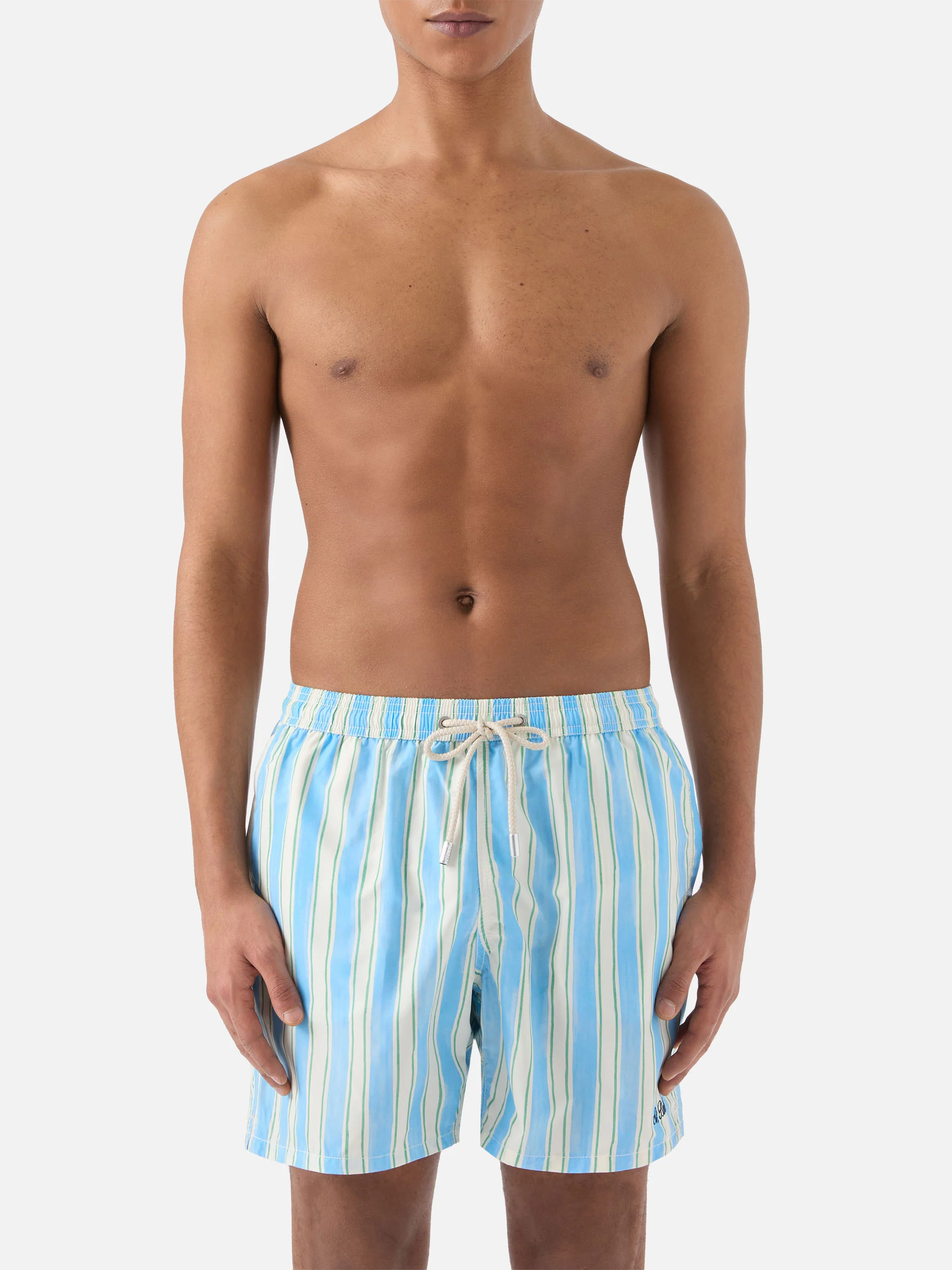 Syros swim shorts with light blue striped pattern and logo embroidery - Image 3