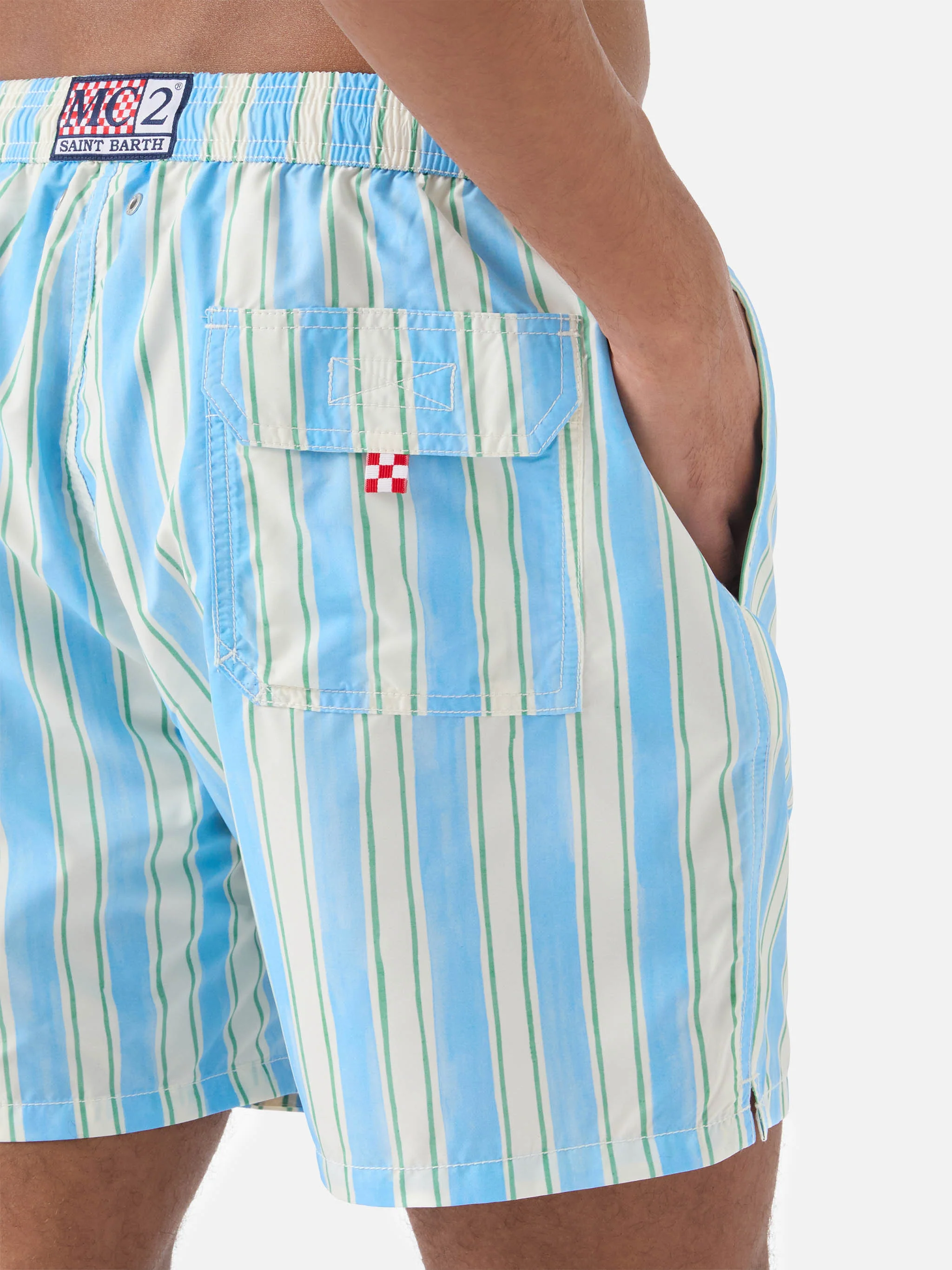 Syros swim shorts with light blue striped pattern and logo embroidery - Image 6