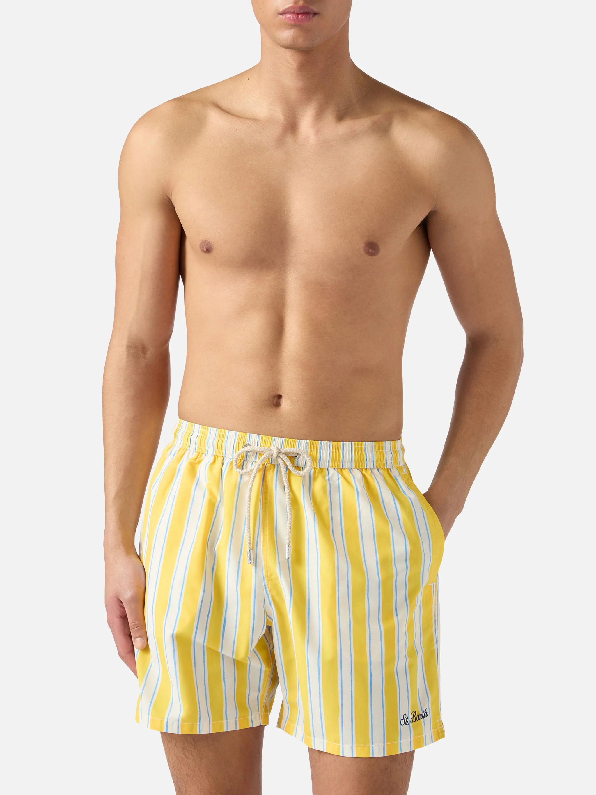 Syros swim shorts with yellow striped pattern and logo embroidery - Image 3