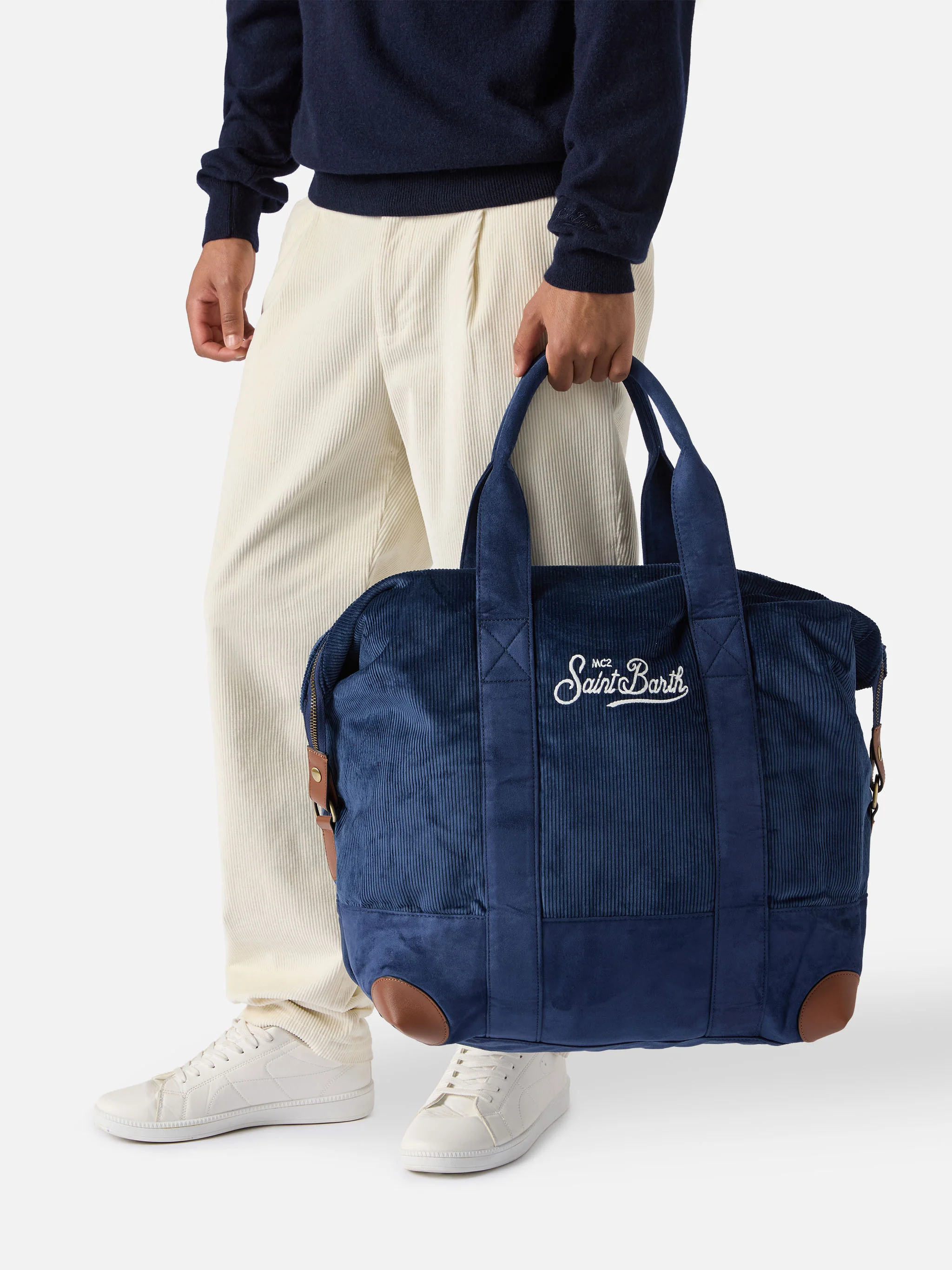 Travel Bag Corduroy Duffel in blue corduroy velvet and suede - Image 2