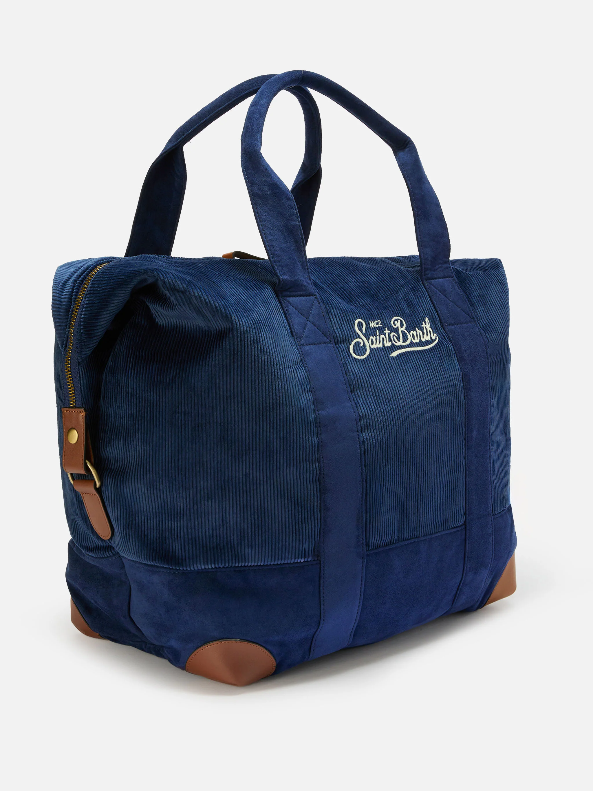 Travel Bag Corduroy Duffel in blue corduroy velvet and suede - Image 3