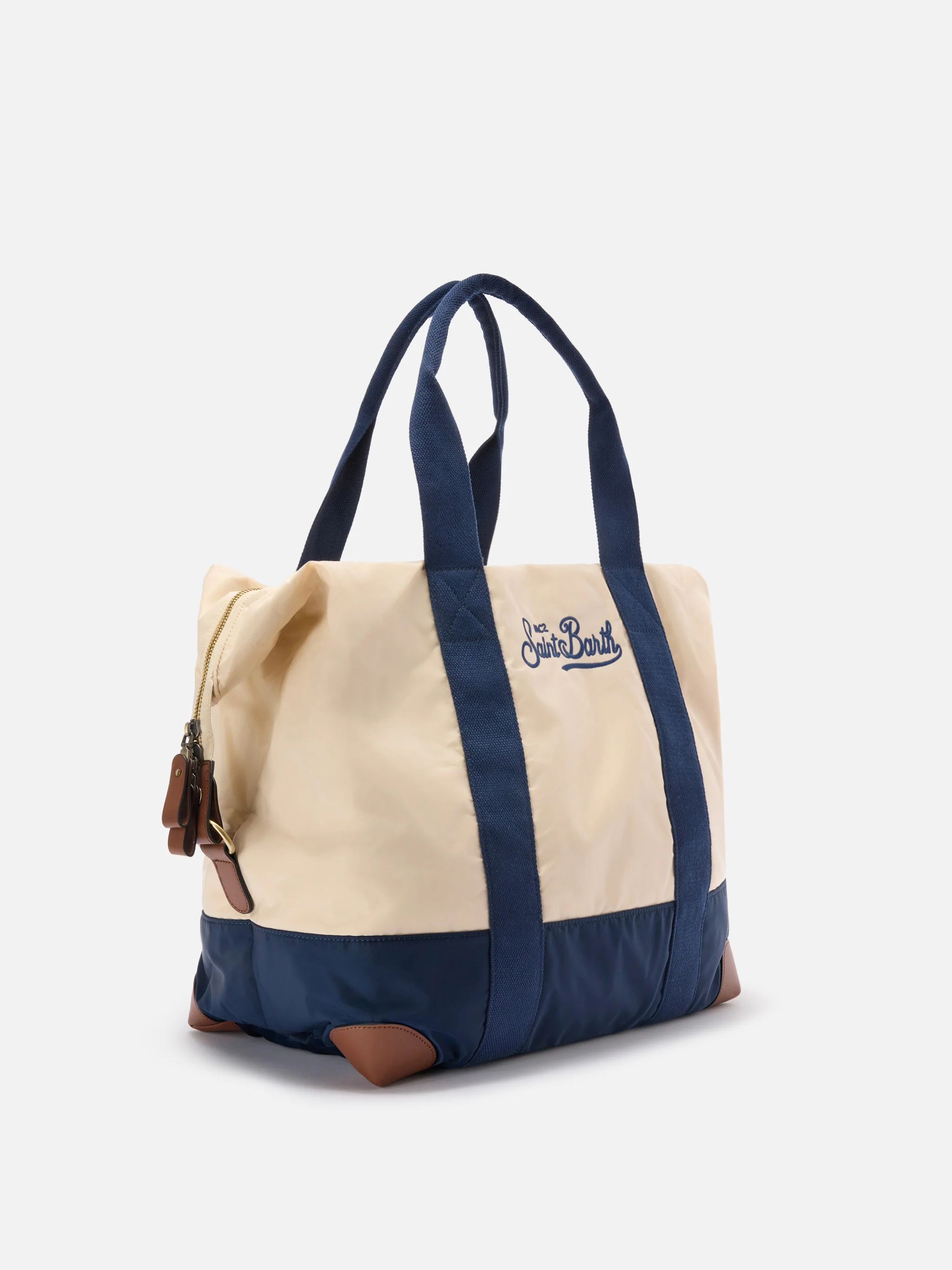 Travel Bag cream and blue nylon weekender with embroidered logo - Image 2