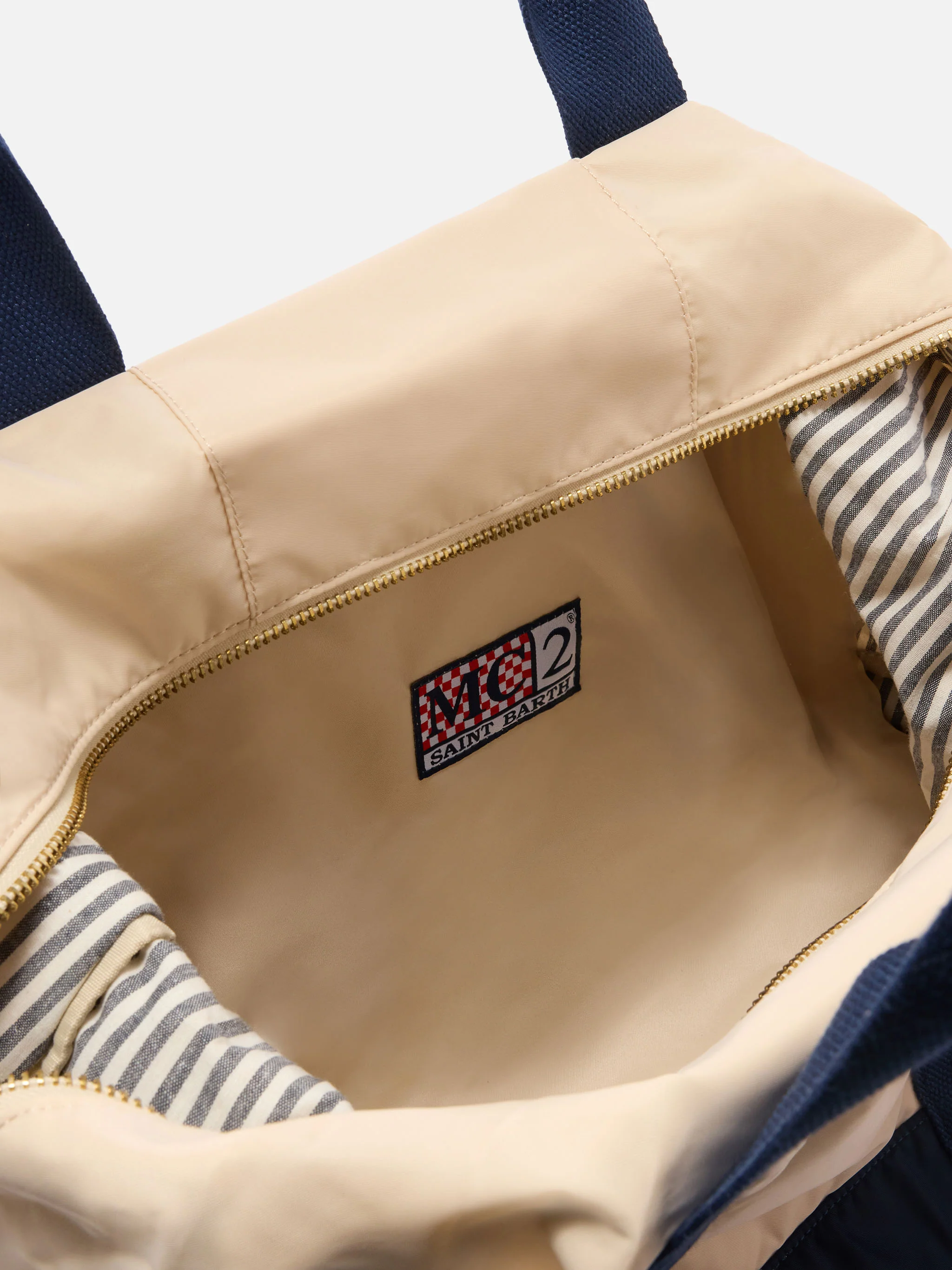 Travel Bag cream and blue nylon weekender with embroidered logo - Image 4
