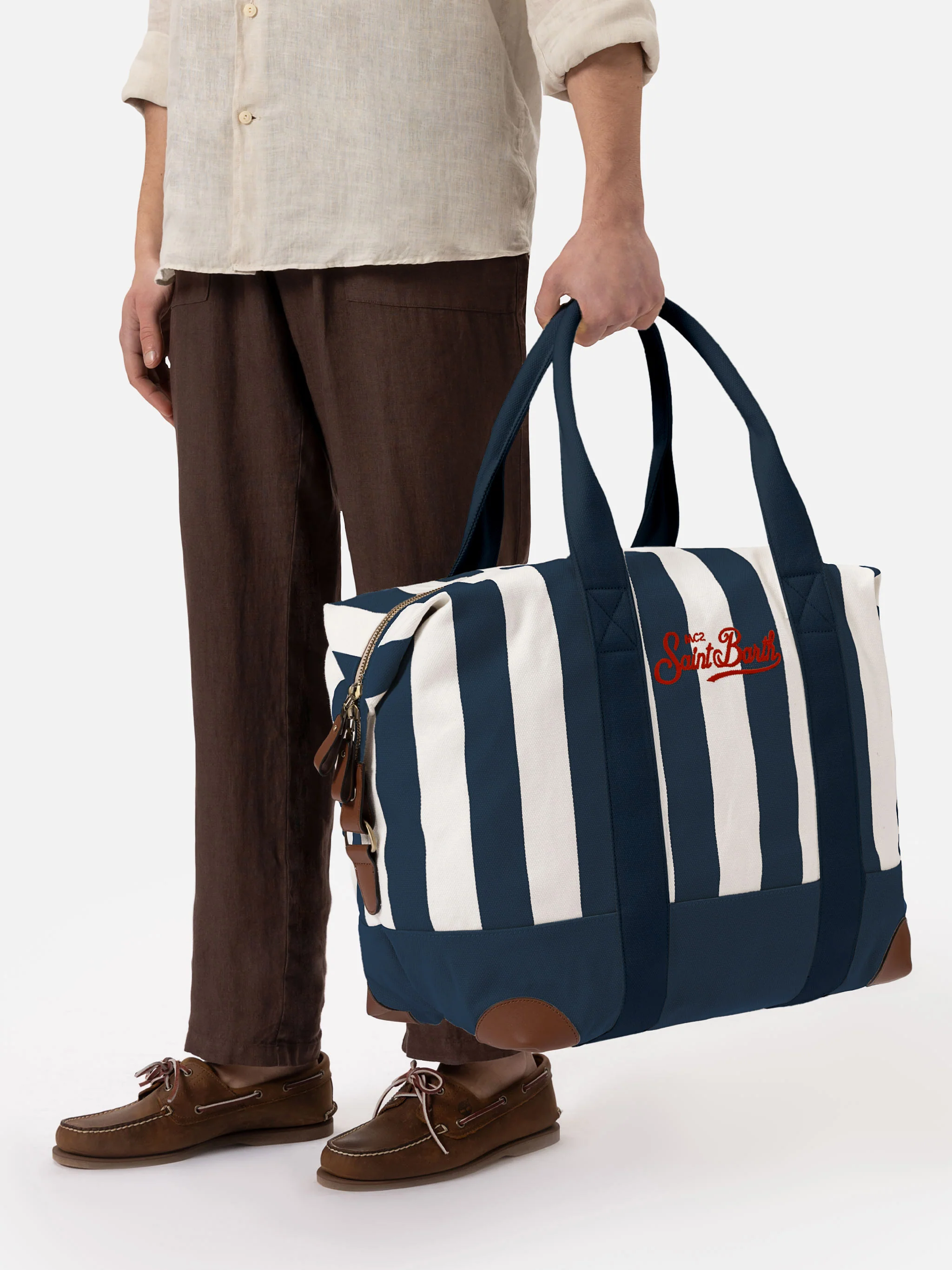 Travel duffel cotton canvas bag with blue striped print - Image 3