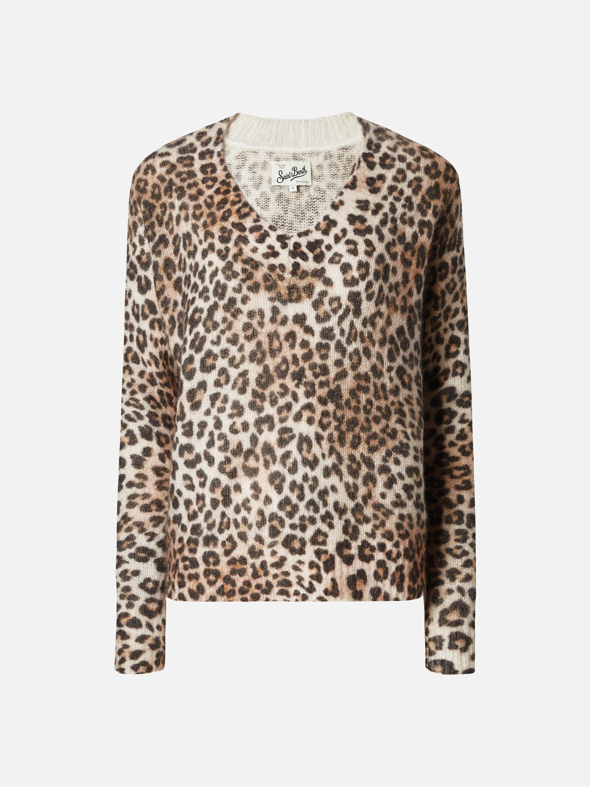 V-neck sweater in camel mohair blend with leopard print - Image 5