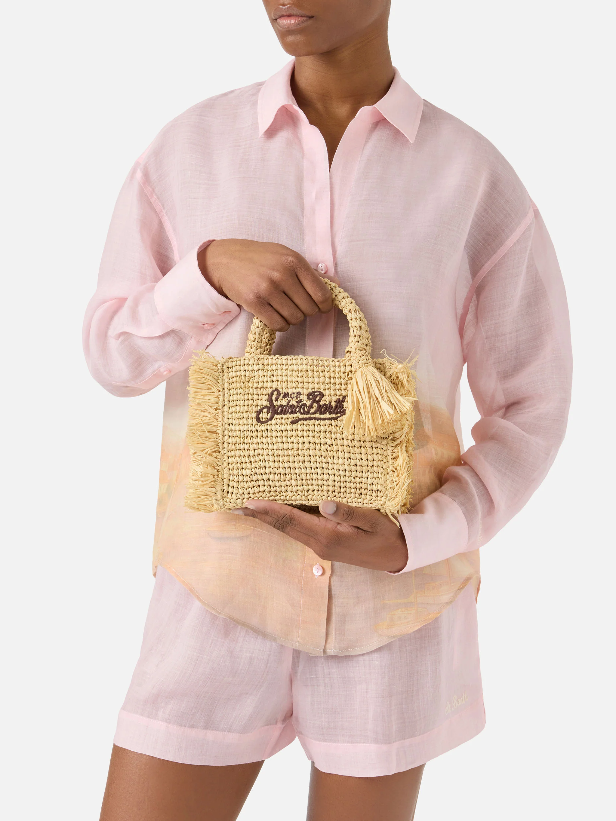Vanity mini raffia bag with side fringes - Image 2