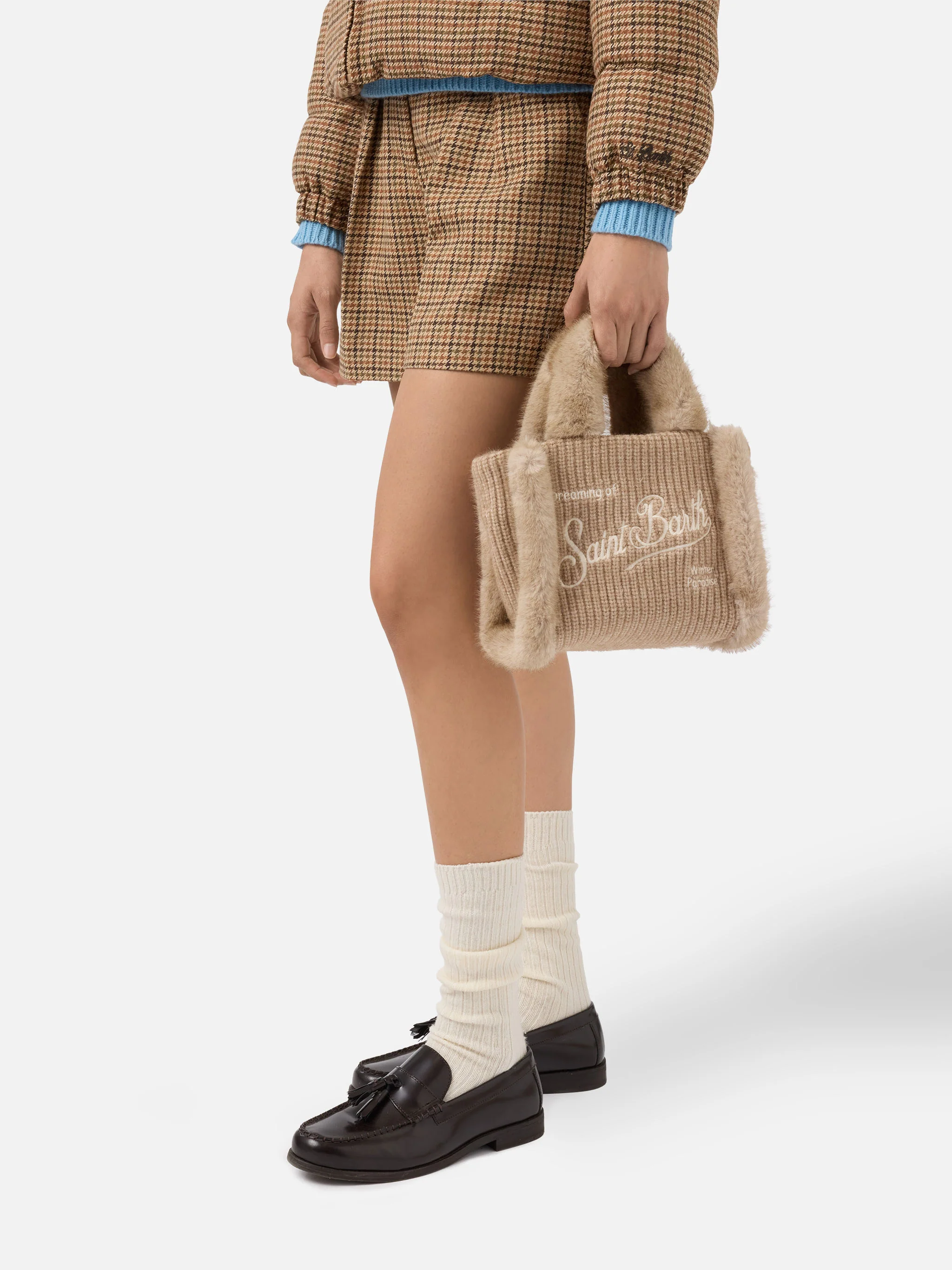 Vanity Mini Shearling Rib Handbag in beige ribbed wool blend with shearling - Image 2