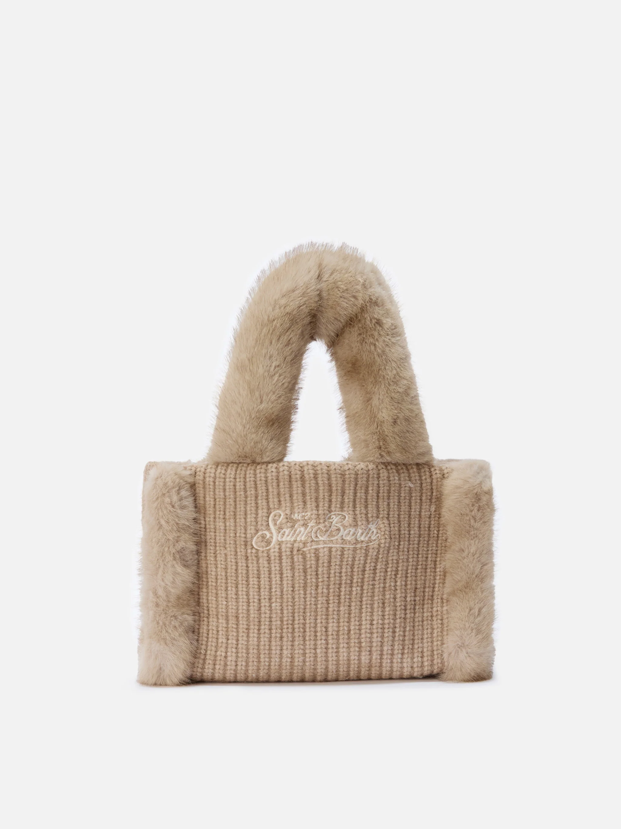Vanity Mini Shearling Rib Handbag in beige ribbed wool blend with shearling - Image 4