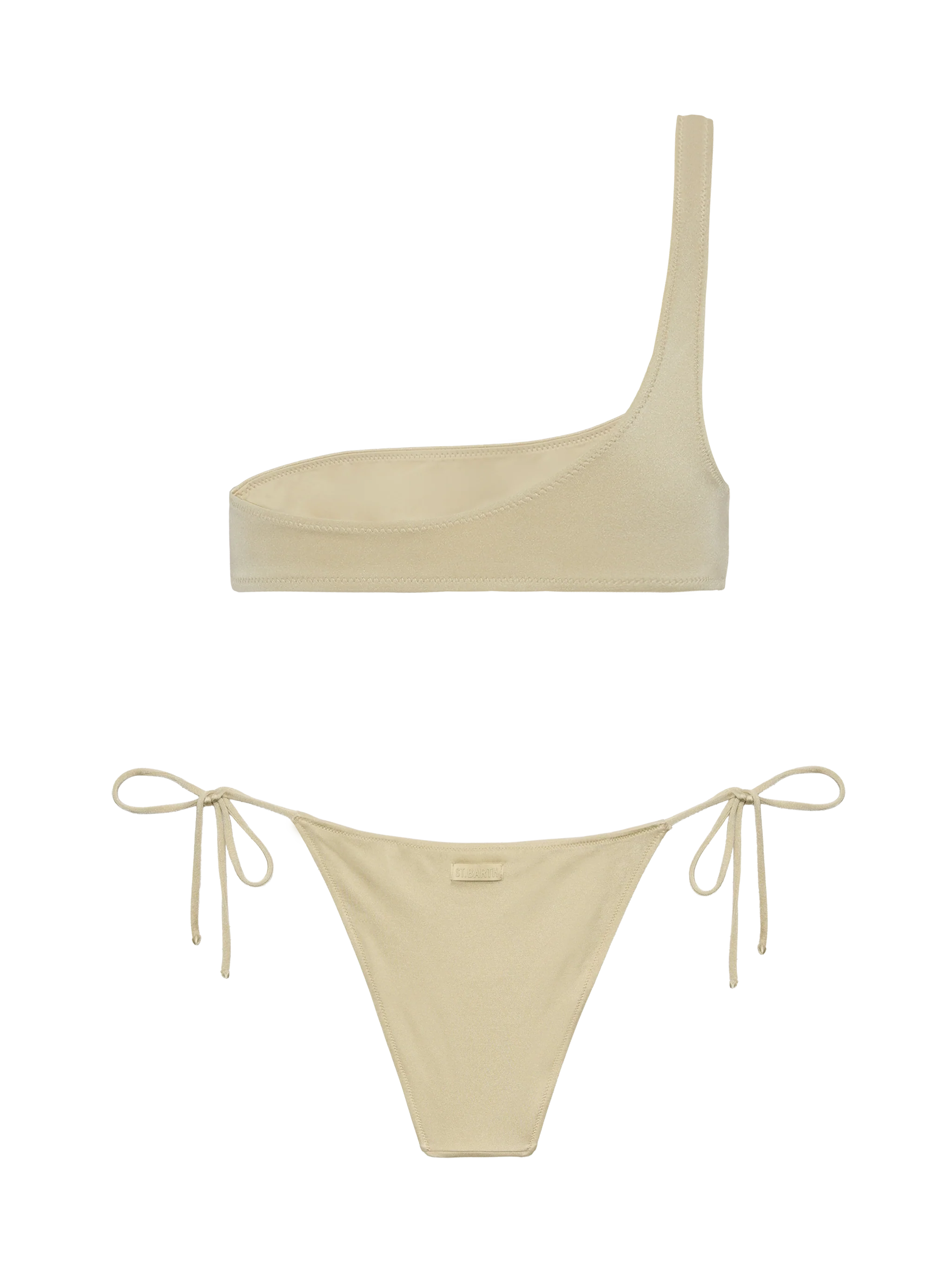 Bikini Celestine Virgo in shimmer oro con top a bralette monospalla e slip classici - Image 3