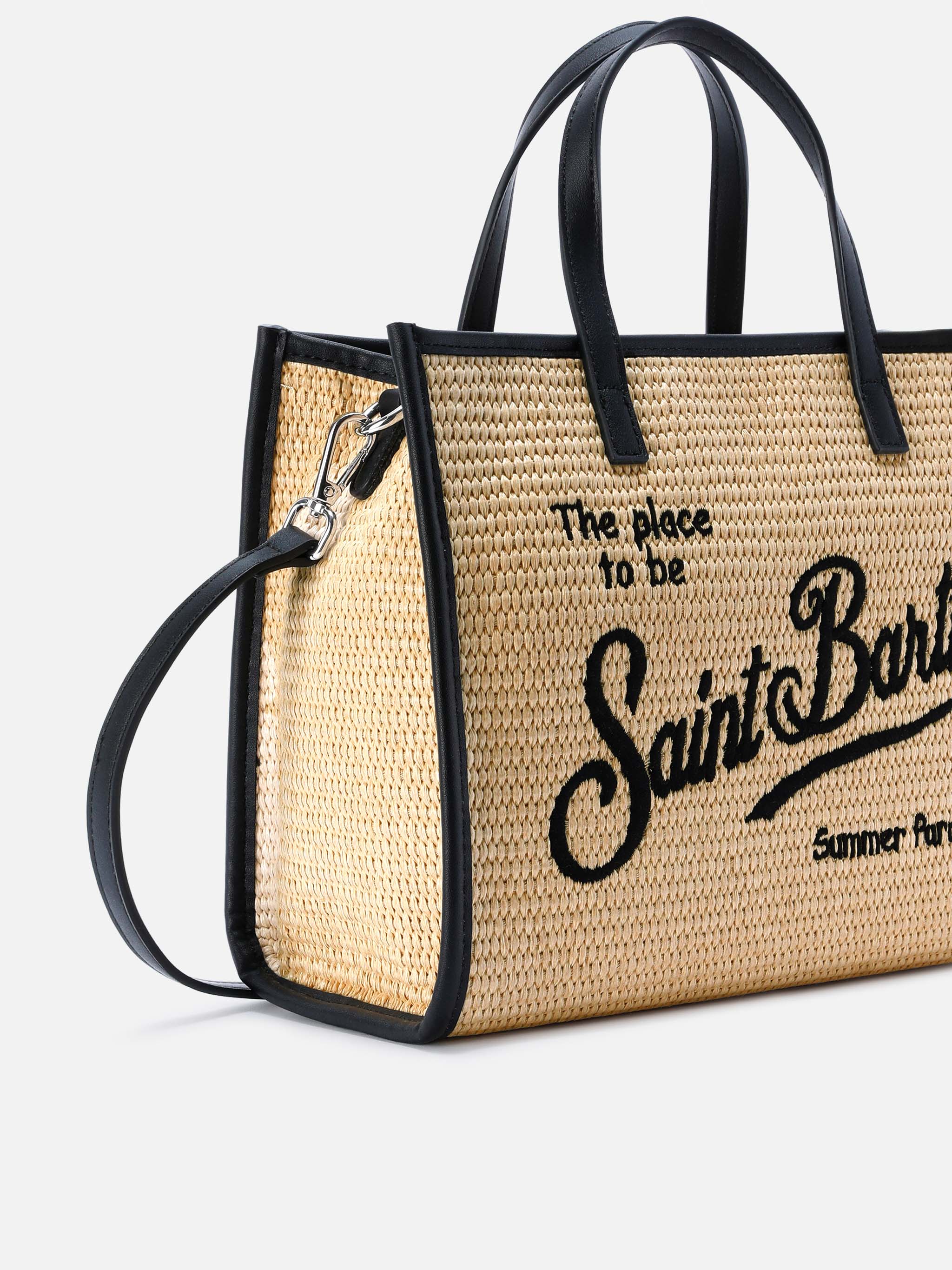 Vivian medium raffia effect bag with black embroidered logo - Image 3