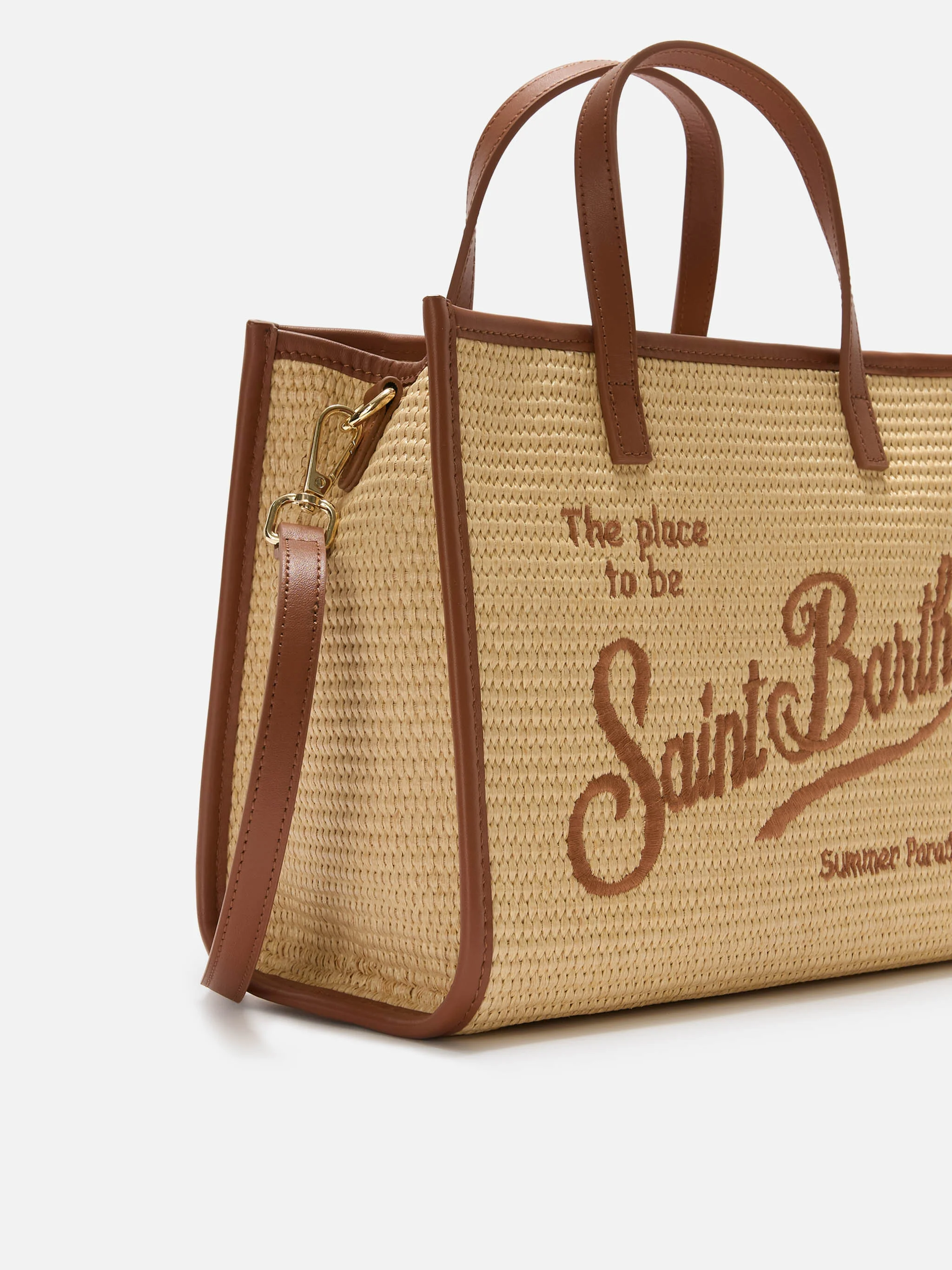 Vivian medium raffia effect bag with brown embroidered logo - Image 2