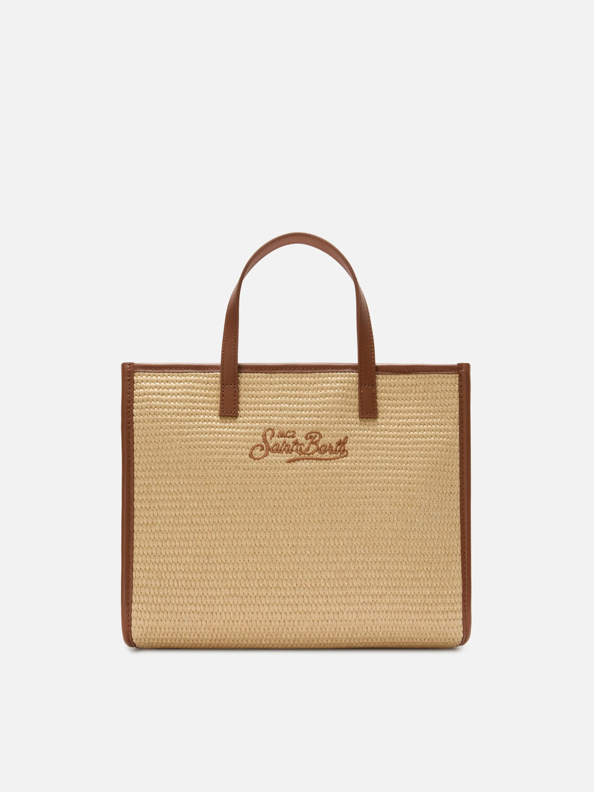 Vivian medium raffia effect bag with brown embroidered logo - Image 3