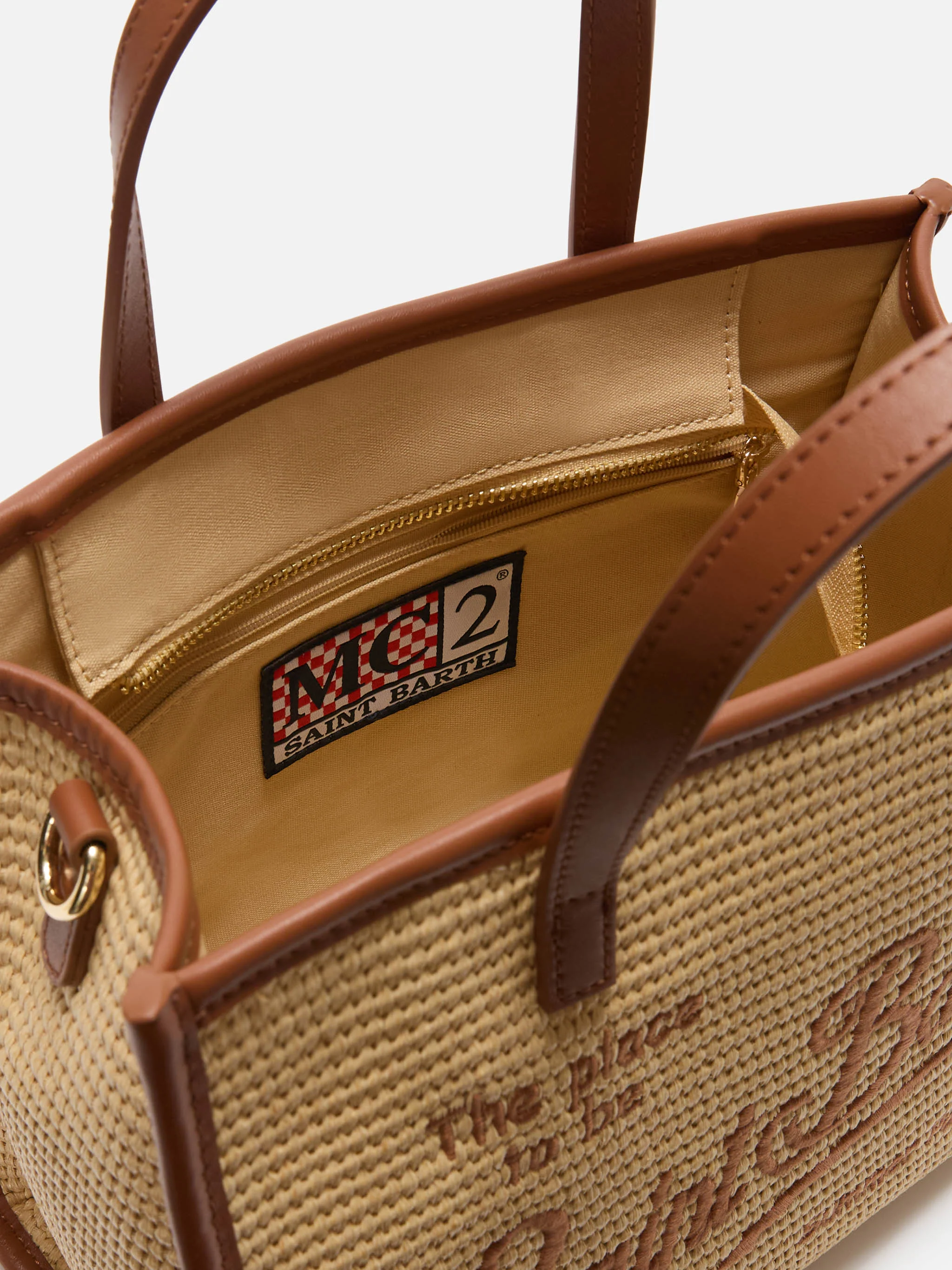 Vivian medium raffia effect bag with brown embroidered logo - Image 4