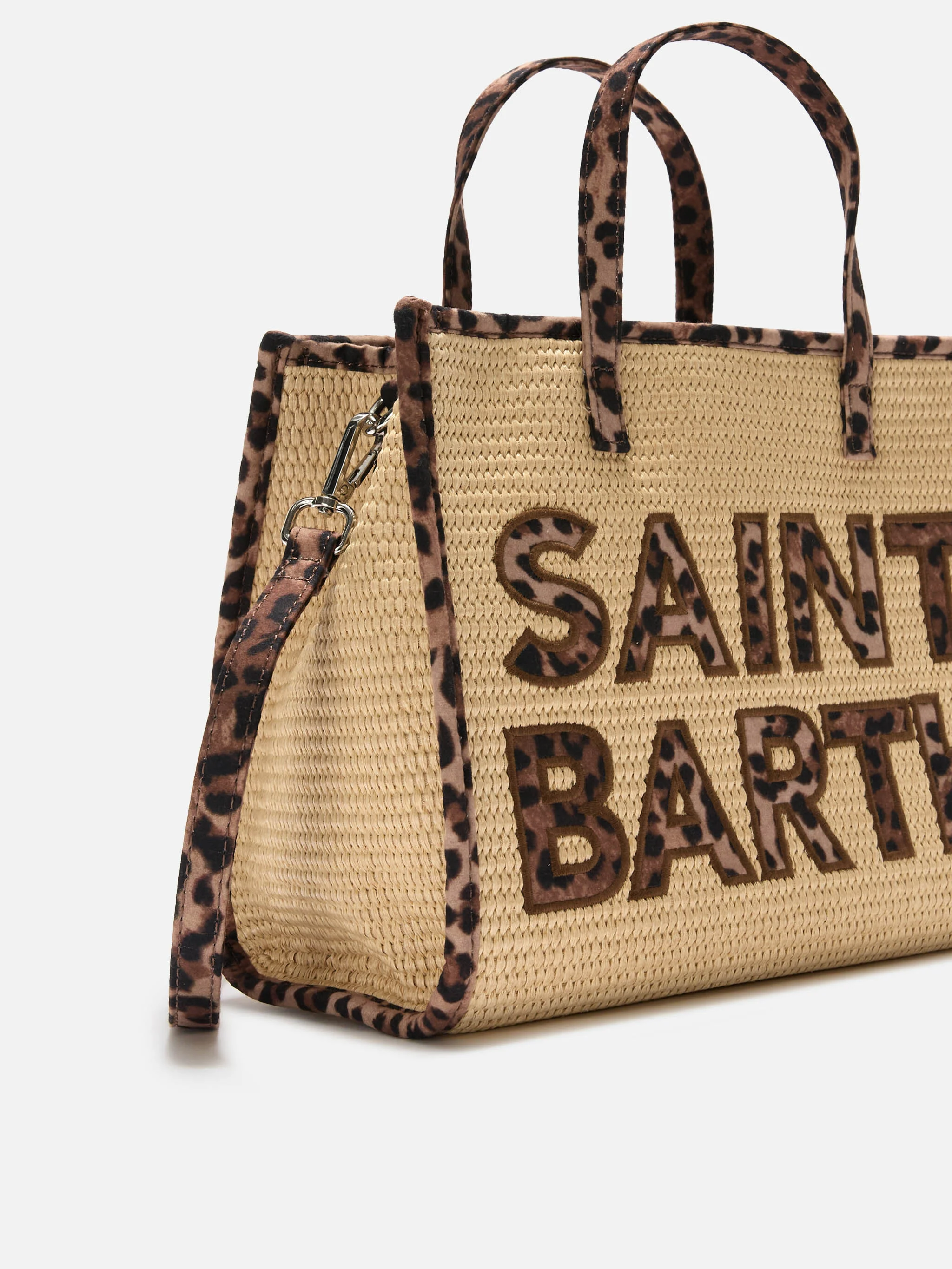 Vivian medium raffia effect bag with leopard logo patches - Image 3