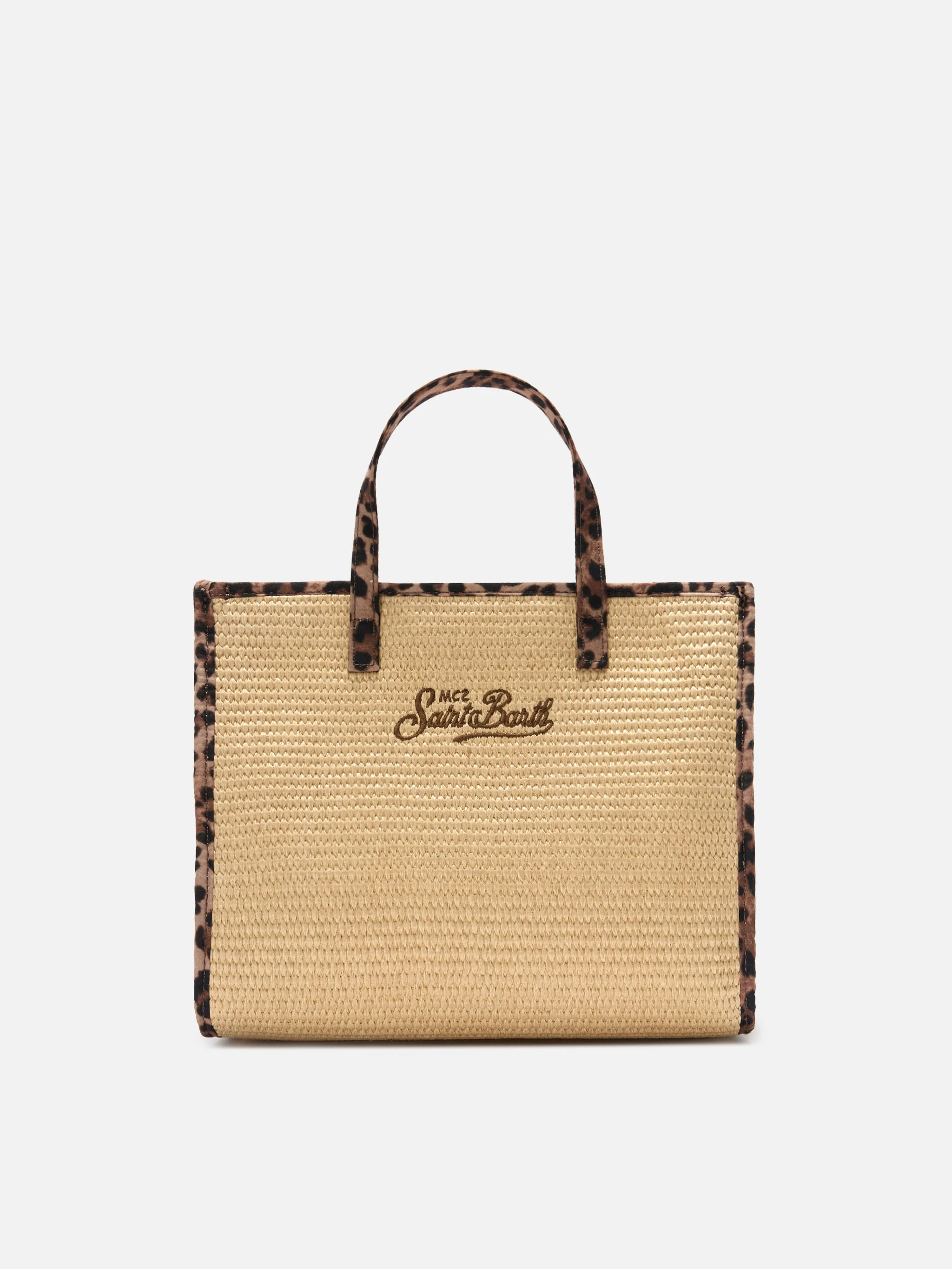 Vivian medium raffia effect bag with leopard logo patches - Image 4