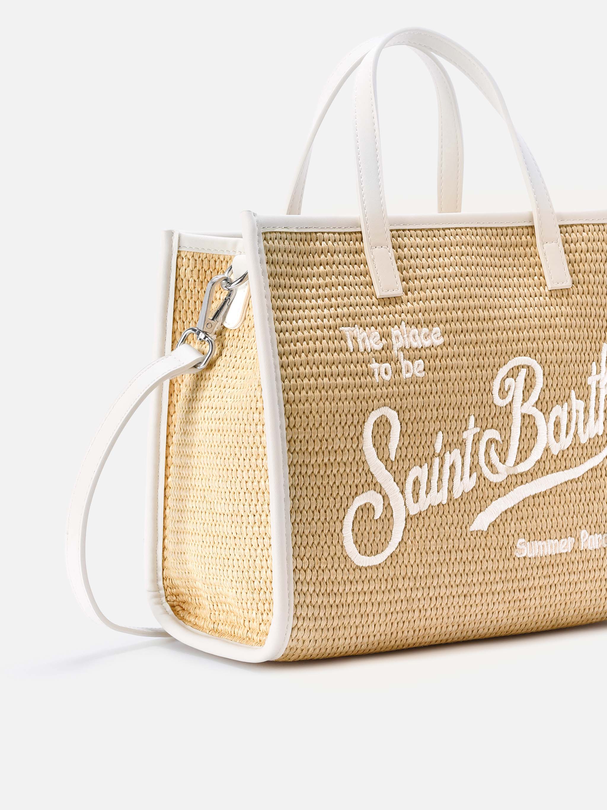 Vivian medium raffia effect bag with white embroidered logo - Image 3