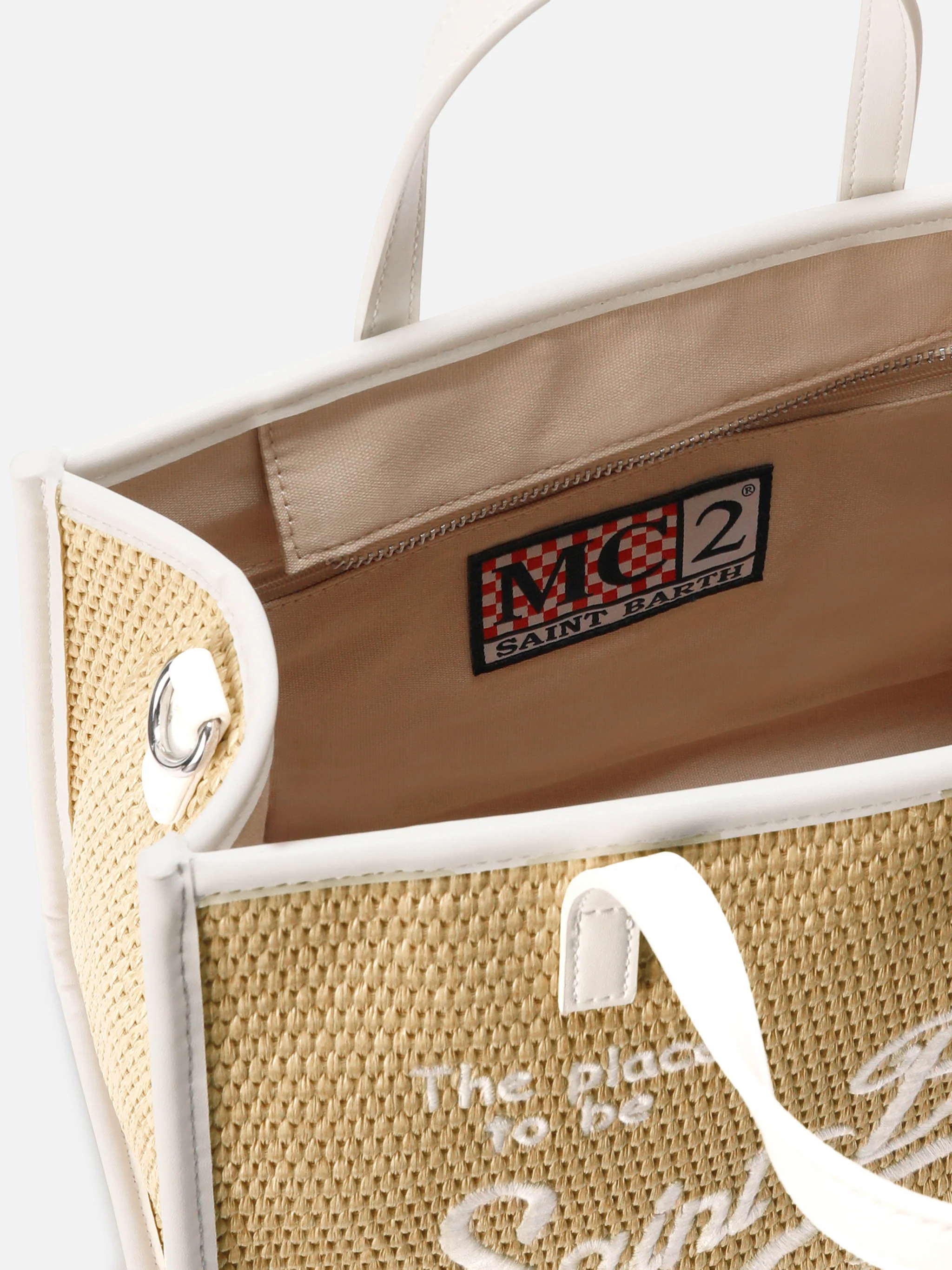 Vivian medium raffia effect bag with white embroidered logo - Image 5