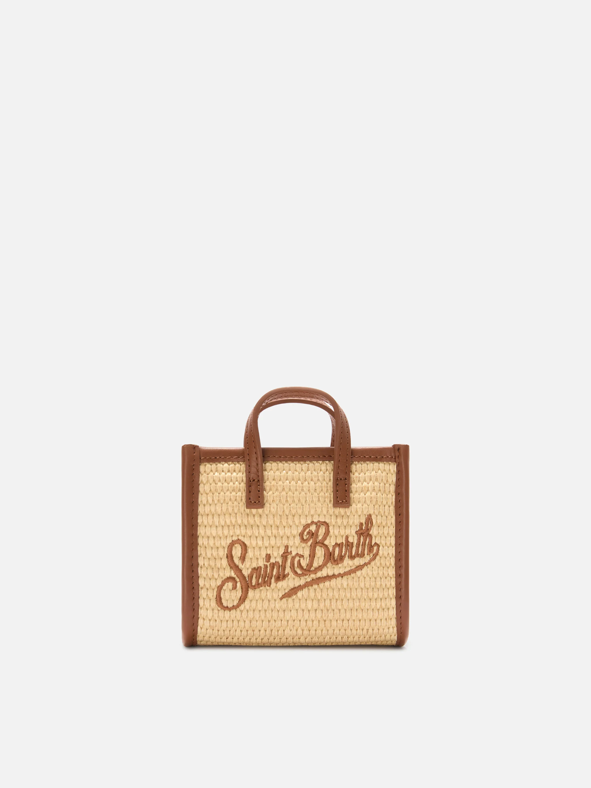 Vivian micro raffia effect bag with brown embroidered logo