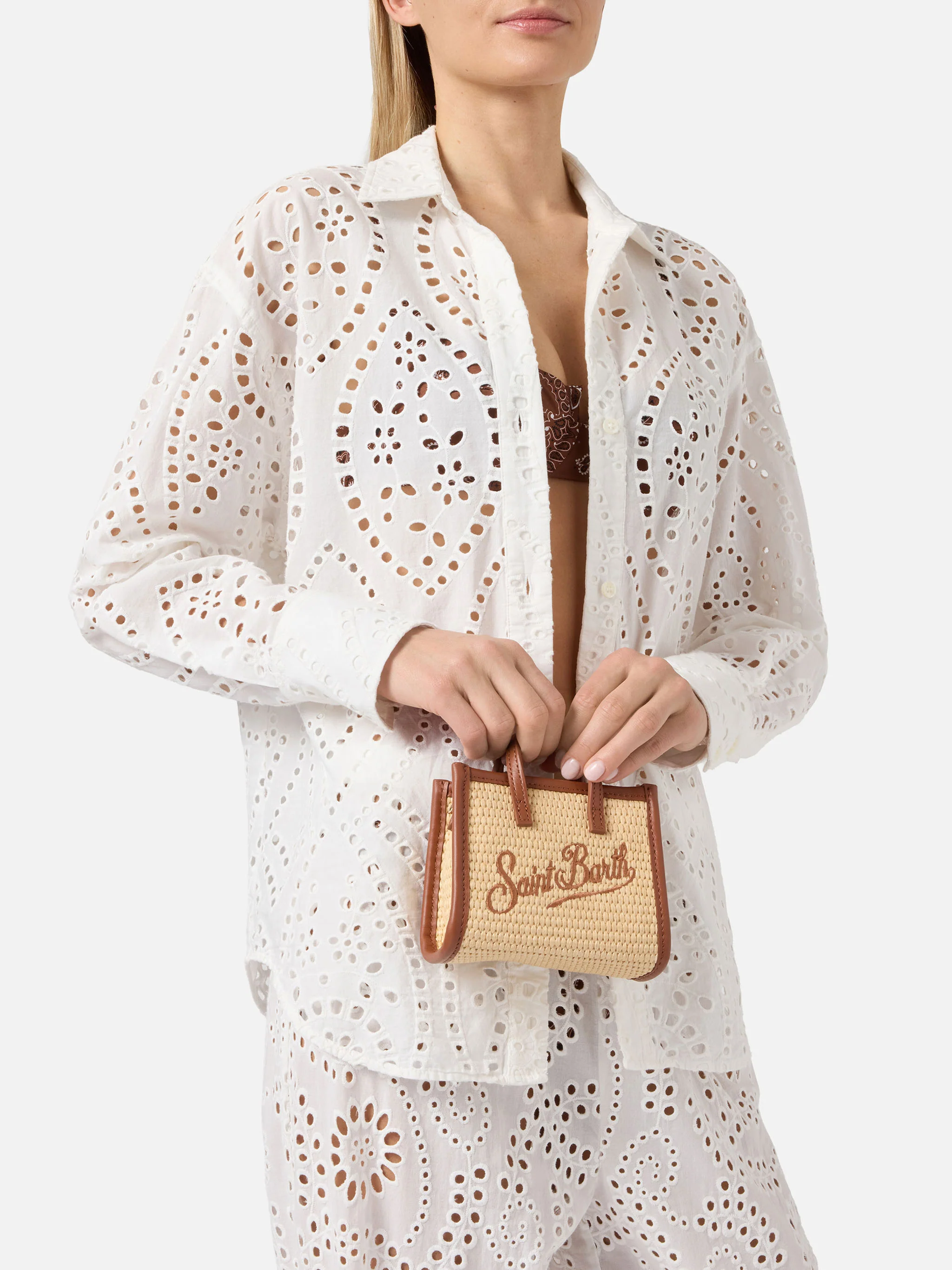 Vivian micro raffia effect bag with brown embroidered logo - Image 2