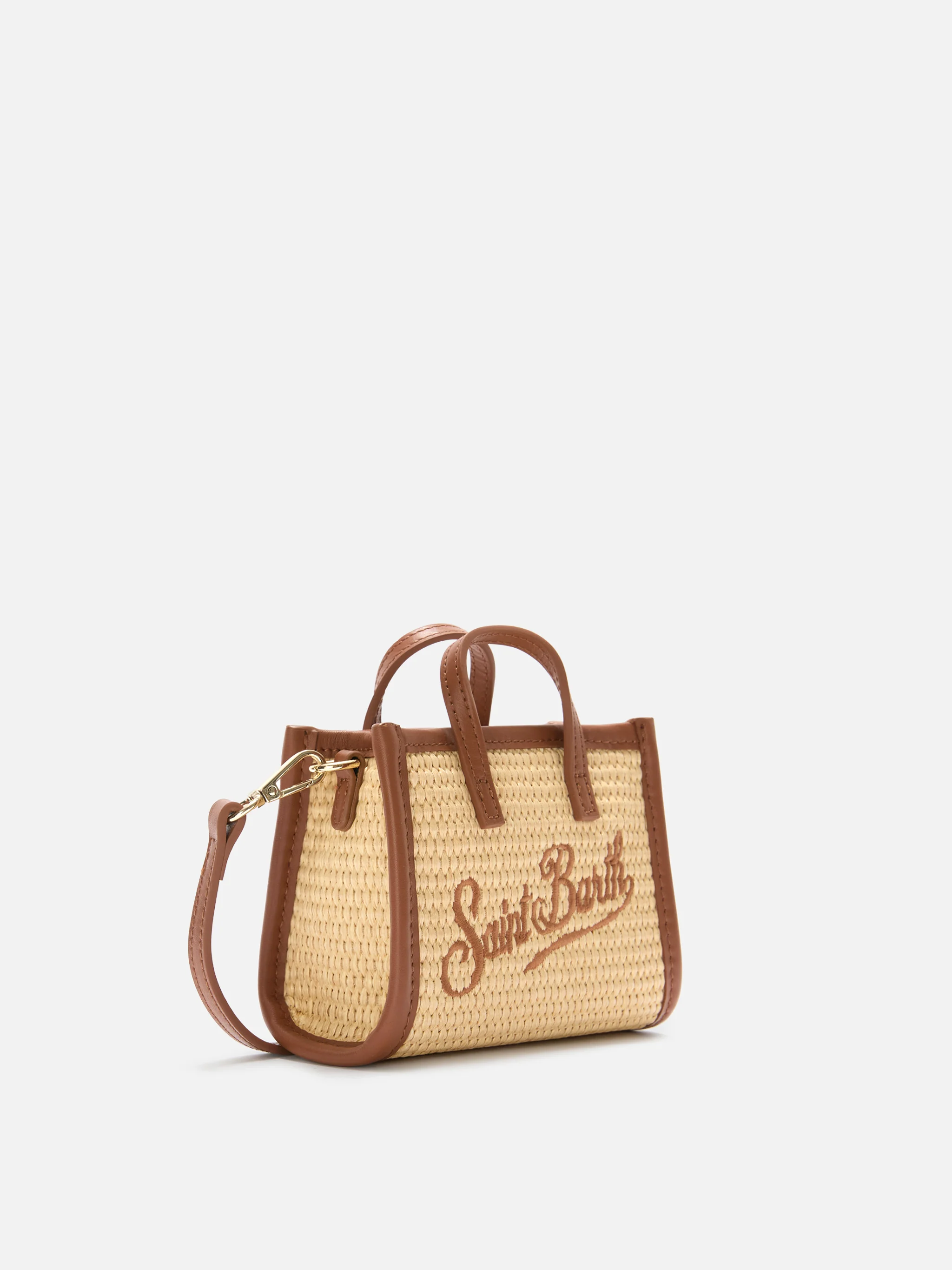 Vivian micro raffia effect bag with brown embroidered logo - Image 3