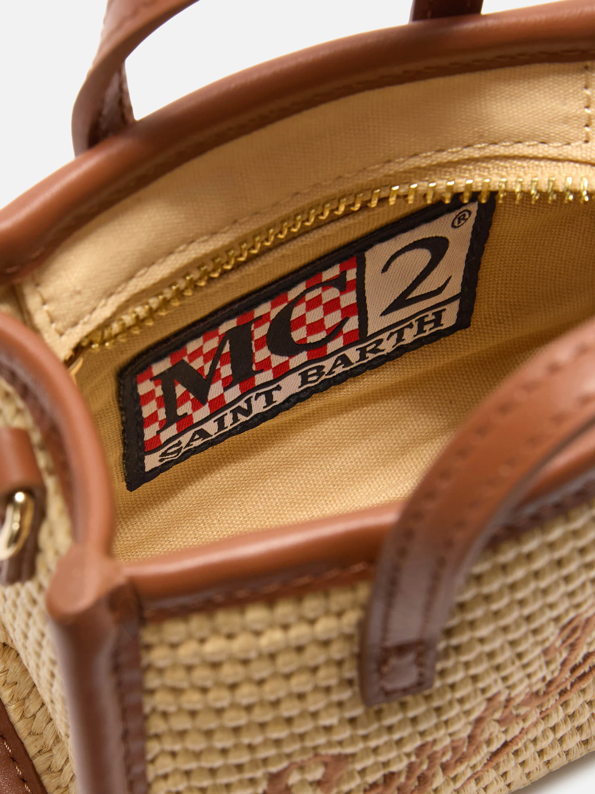 Vivian micro raffia effect bag with brown embroidered logo - Image 5